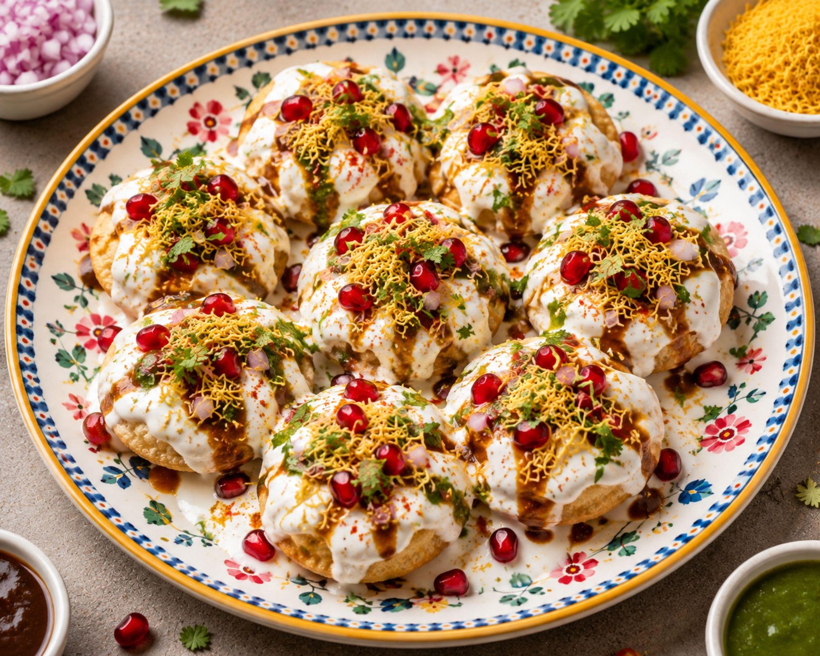 Traditional Indian Dahi Puri Chaat with Yogurt Sev Chutneys and Pomegranate Toppings - Free JPG Asset