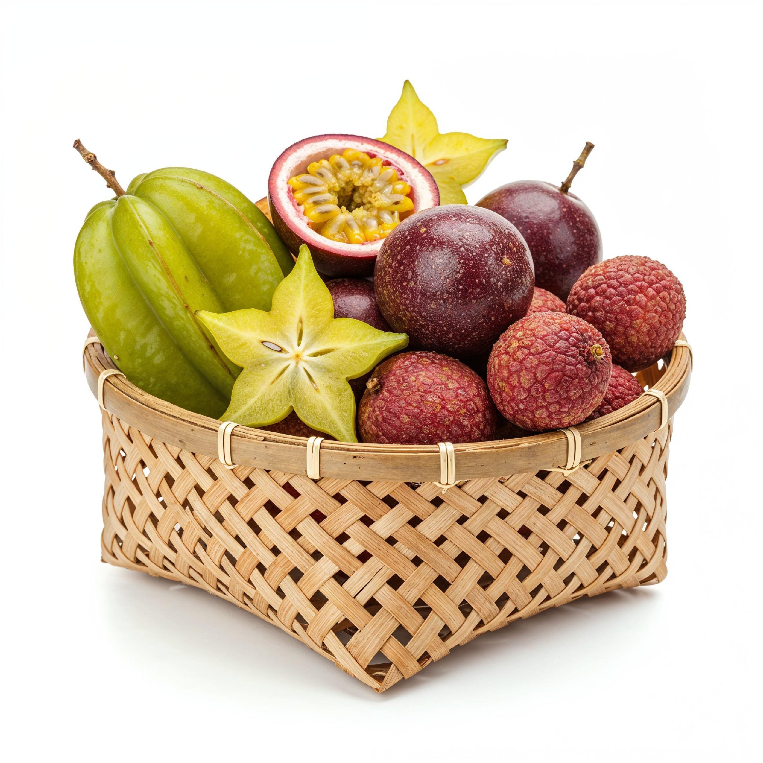Exotic Tropical Fruits in Bamboo Basket Isolated on White Background, Healthy Organic Food