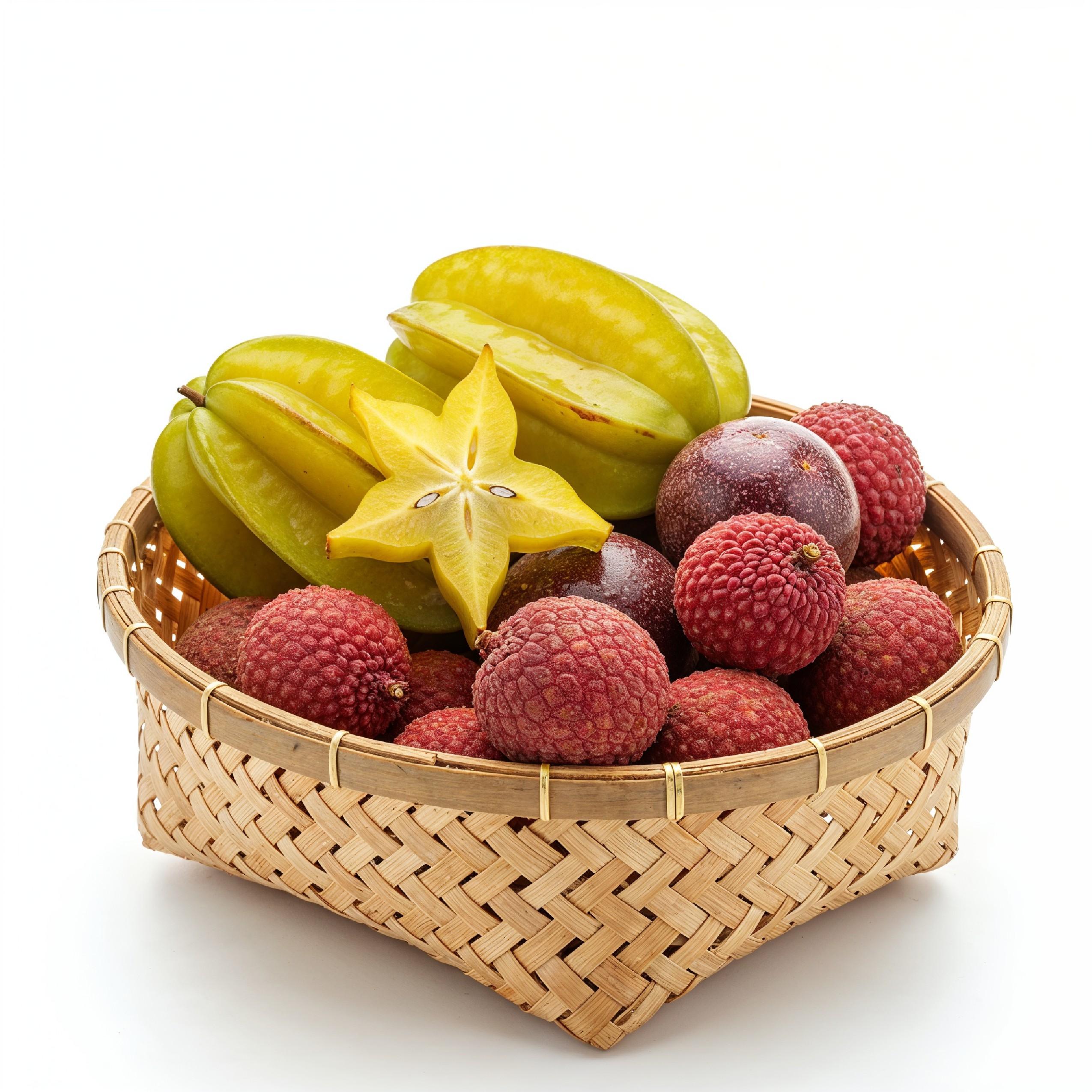 Exotic Tropical Fruits in Bamboo Basket Isolated on White Background, Healthy Organic Food