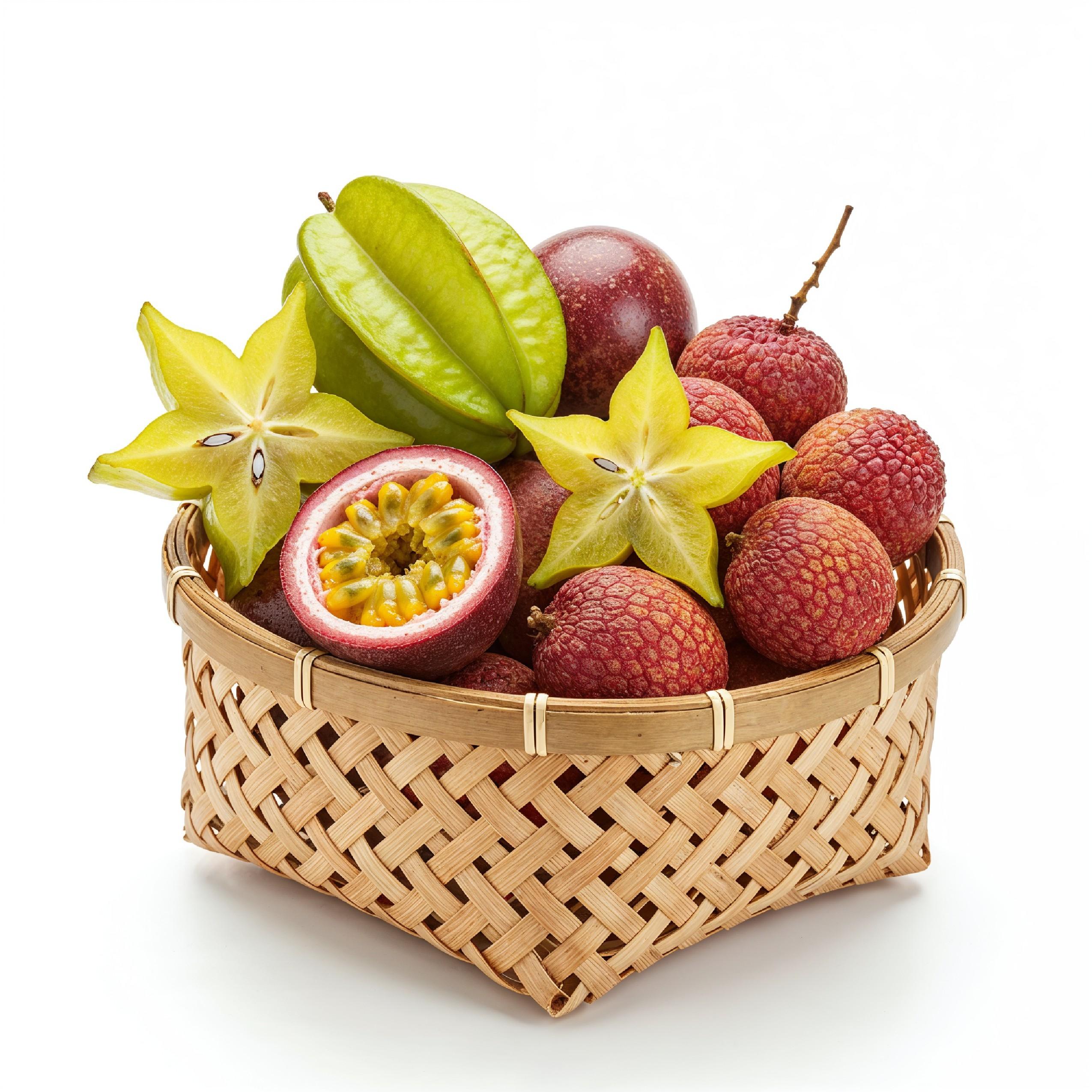 Exotic Tropical Fruits in Bamboo Basket Isolated on White Background, Healthy Organic Food