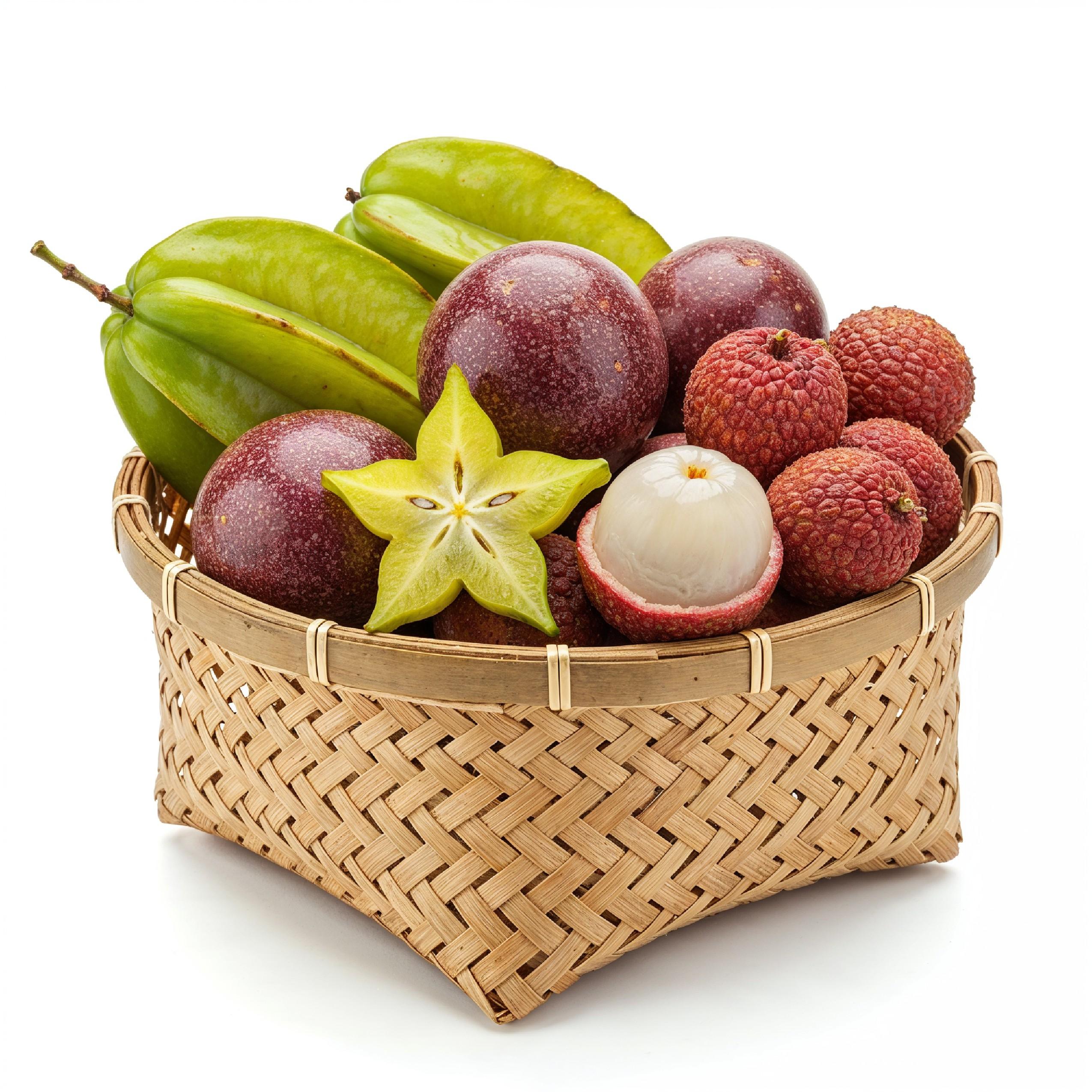 Exotic Tropical Fruits in Bamboo Basket Isolated on White Background, Healthy Organic Food