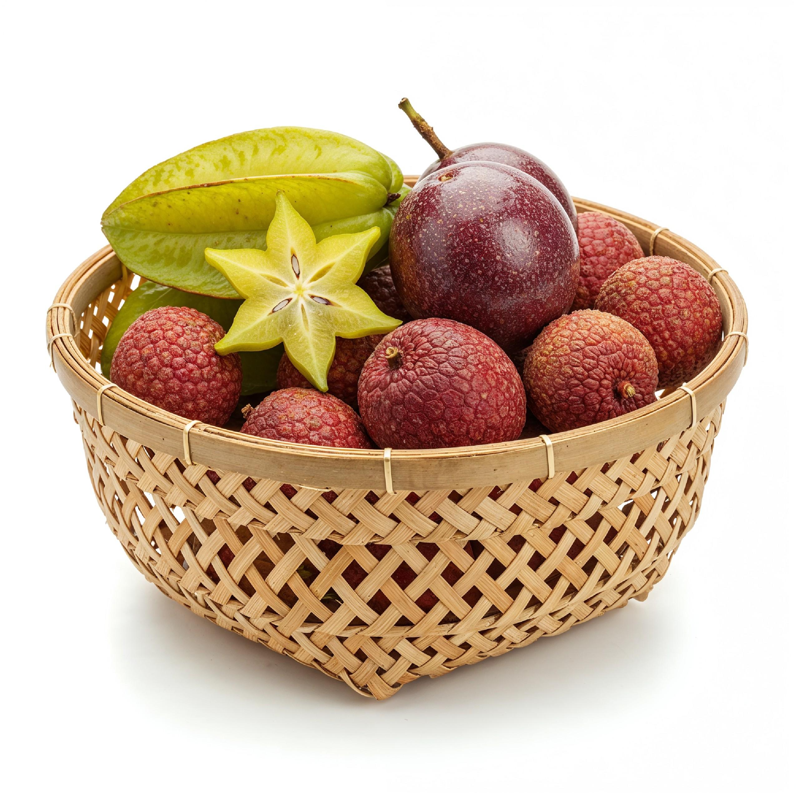 Exotic Tropical Fruits in Bamboo Basket Isolated on White Background, Healthy Organic Food