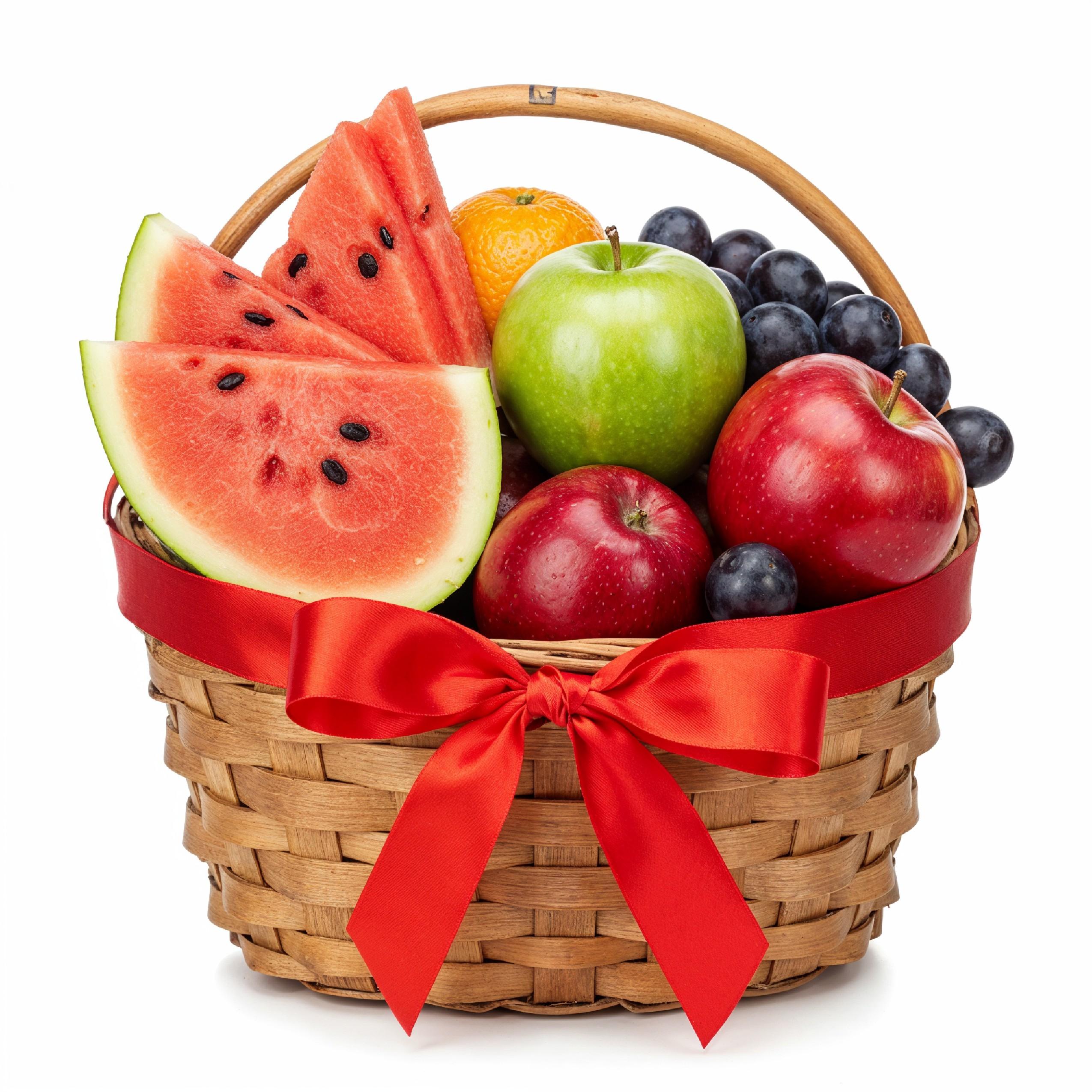 Festive Fruit Gift Basket with Red Ribbon Isolated on White Background, Healthy Food Present