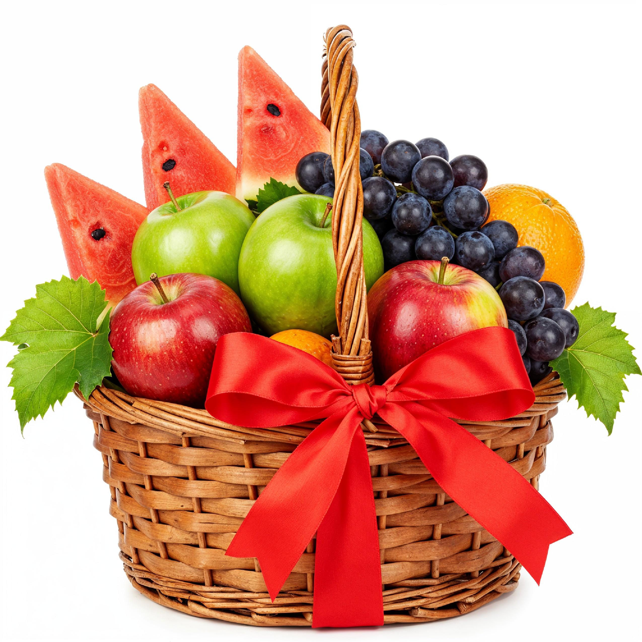 Festive Fruit Gift Basket with Red Ribbon Isolated on White Background, Healthy Food Present