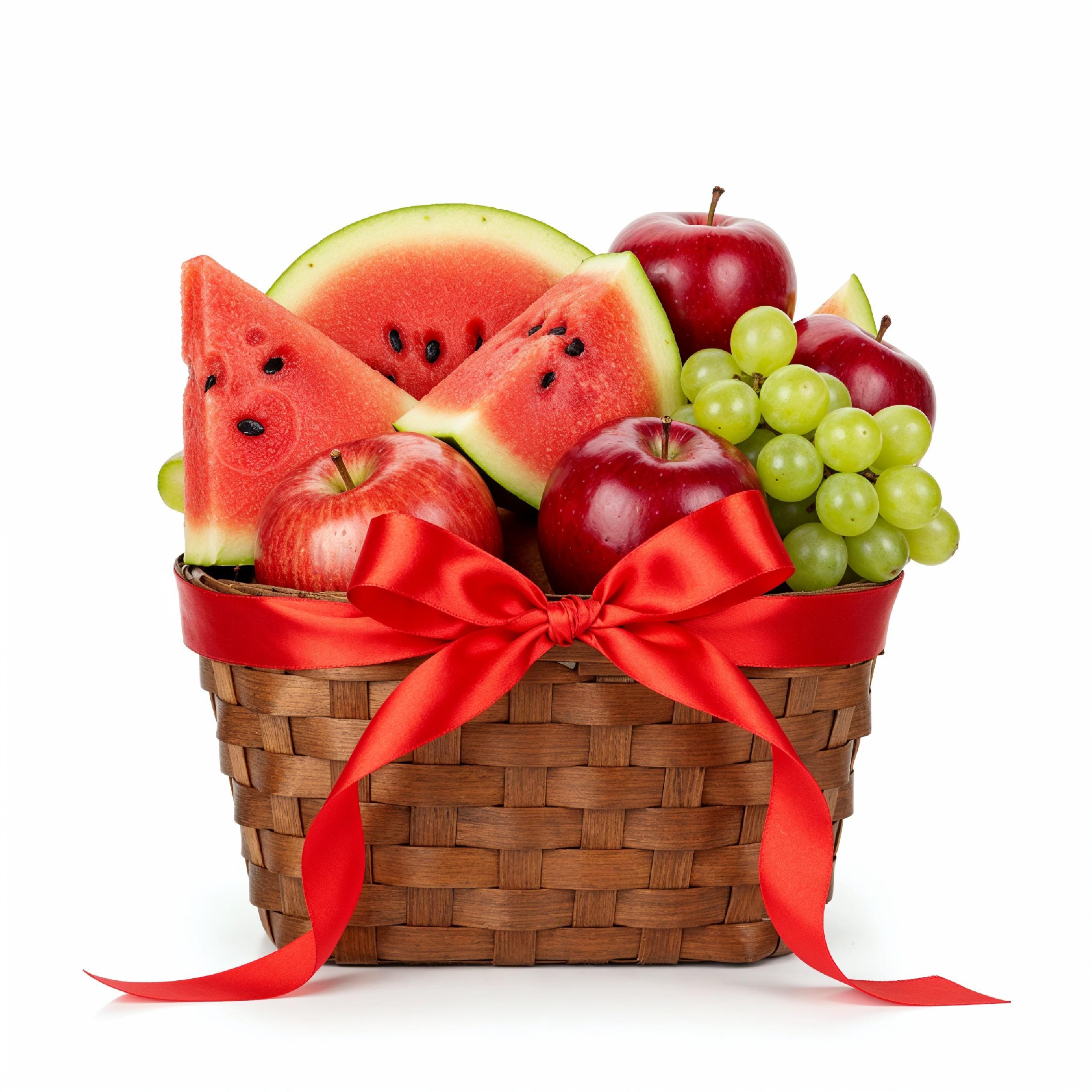 Festive Fruit Gift Basket with Red Ribbon Isolated on White Background, Healthy Food Present
