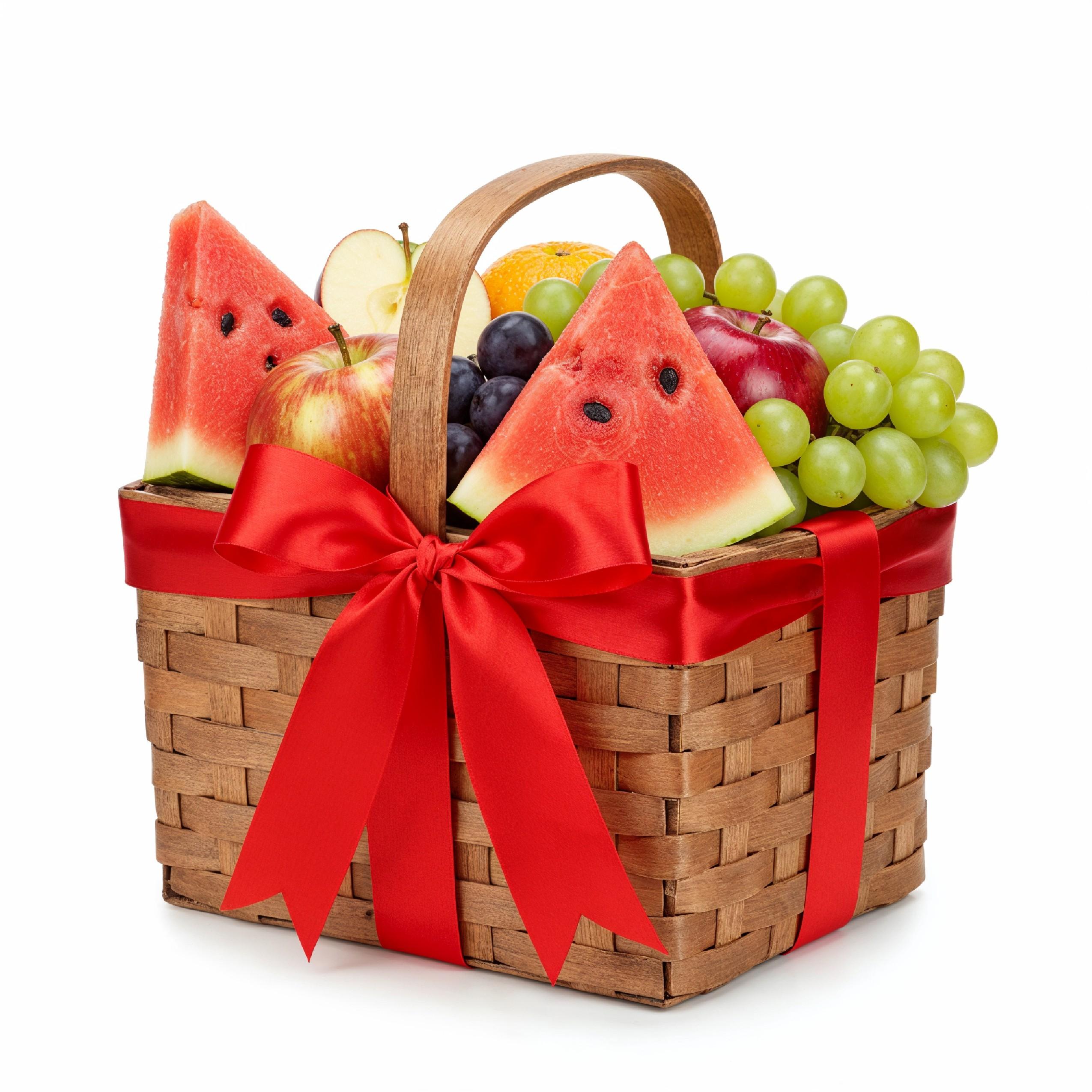 Festive Fruit Gift Basket with Red Ribbon Isolated on White Background, Healthy Food Present