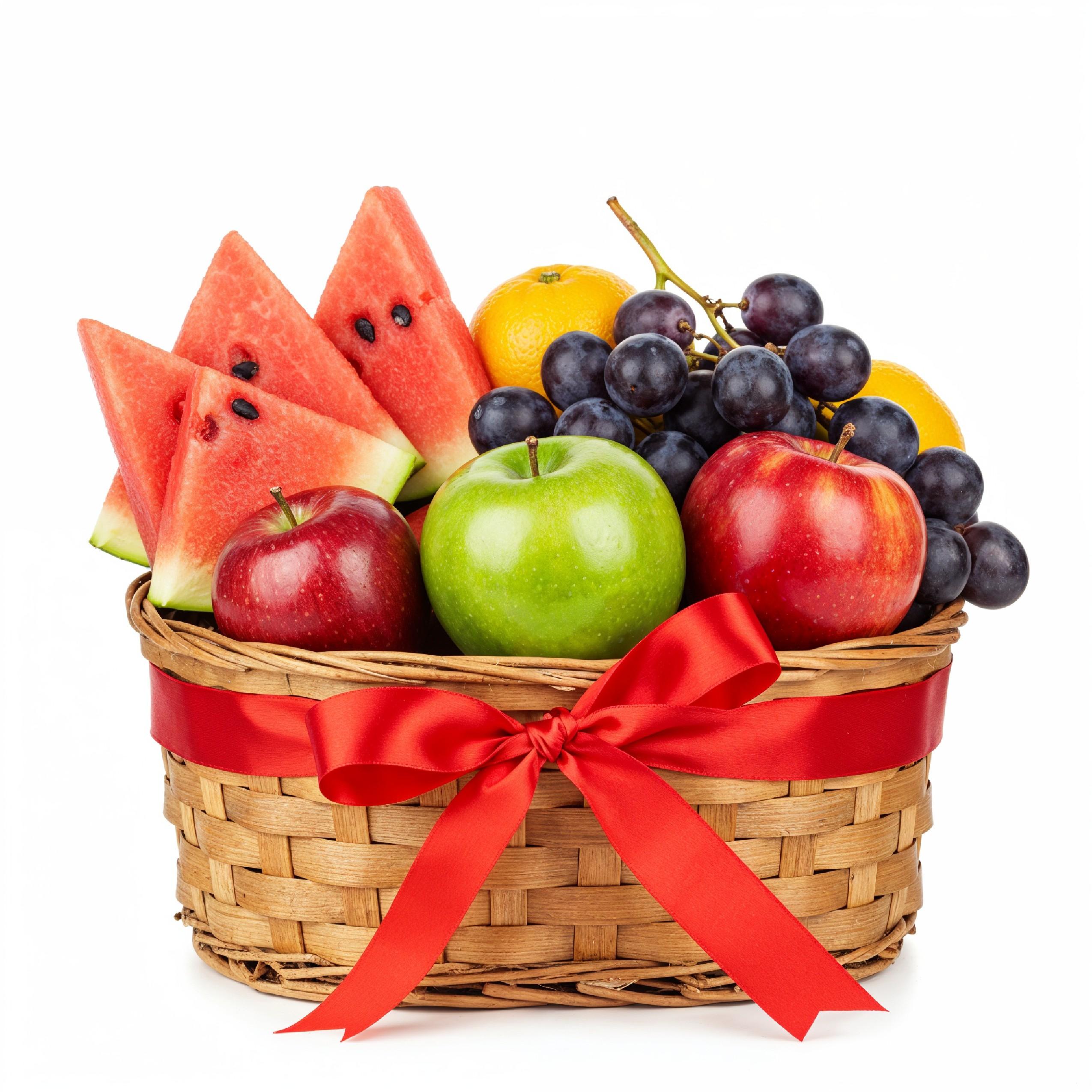 Festive Fruit Gift Basket with Red Ribbon Isolated on White Background, Healthy Food Present