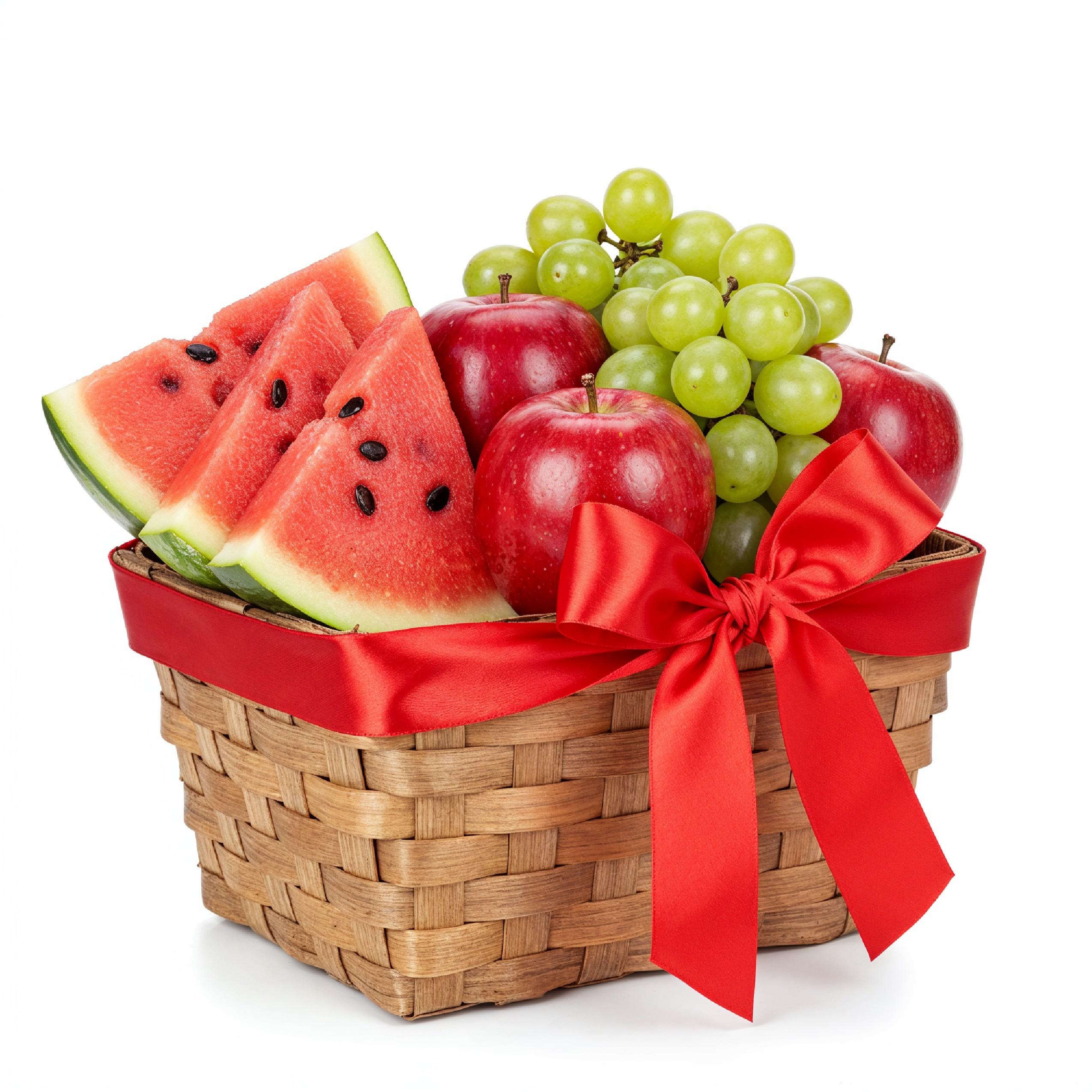 Festive Fruit Gift Basket with Red Ribbon Isolated on White Background, Healthy Food Present
