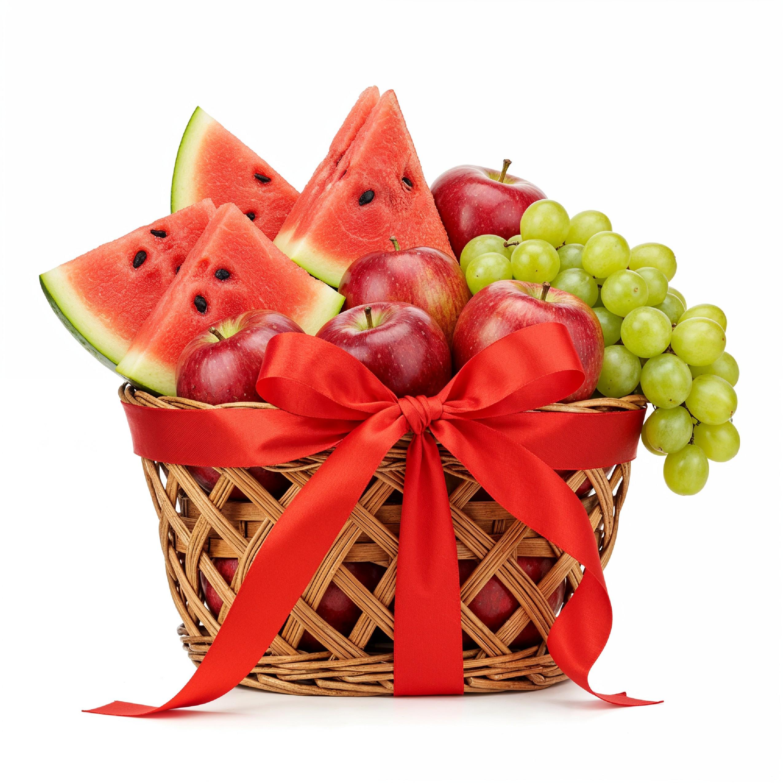 Festive Fruit Gift Basket with Red Ribbon Isolated on White Background, Healthy Food Present