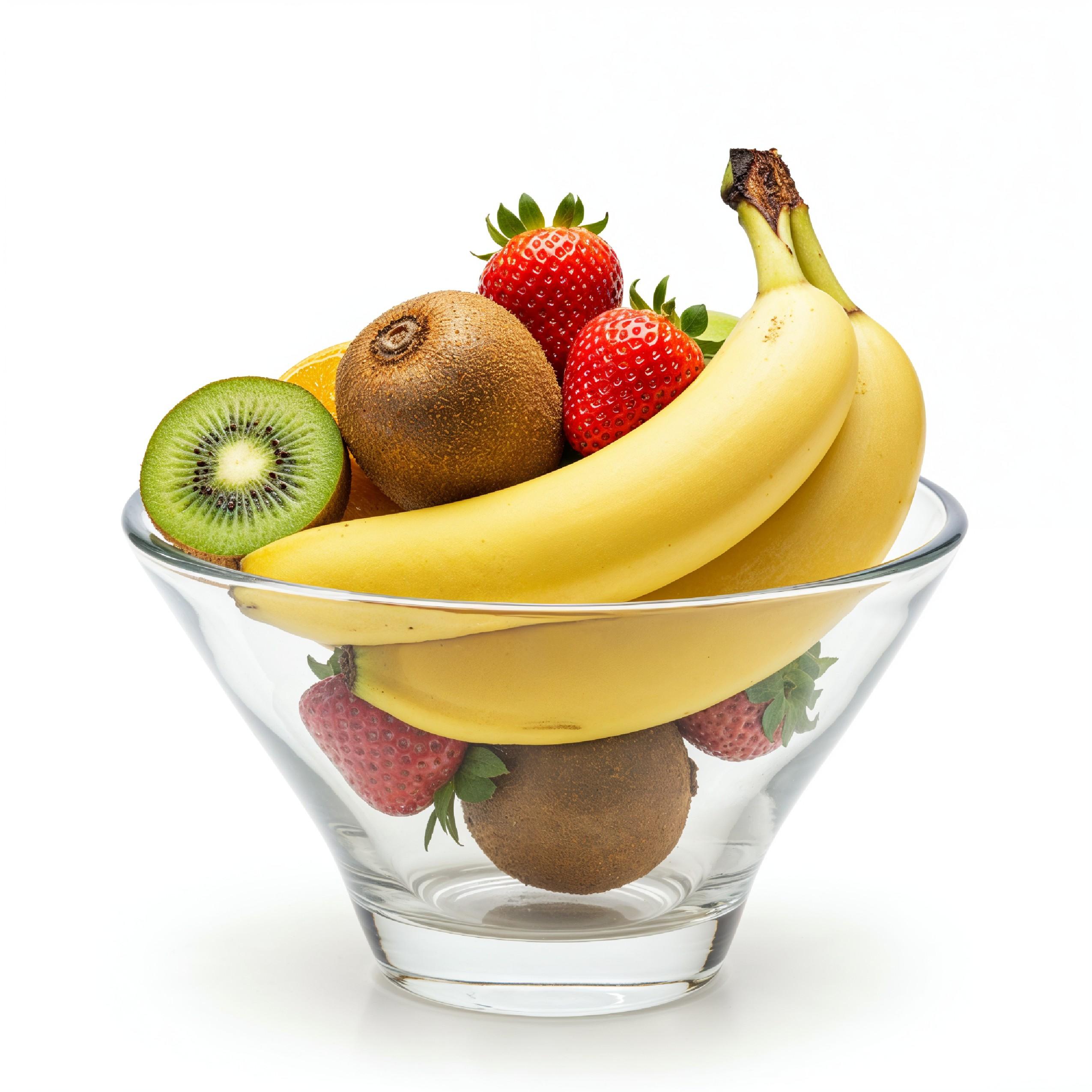 Fresh Fruit Arrangement in Glass Bowl with Bananas, Kiwi and Strawberries on White Background