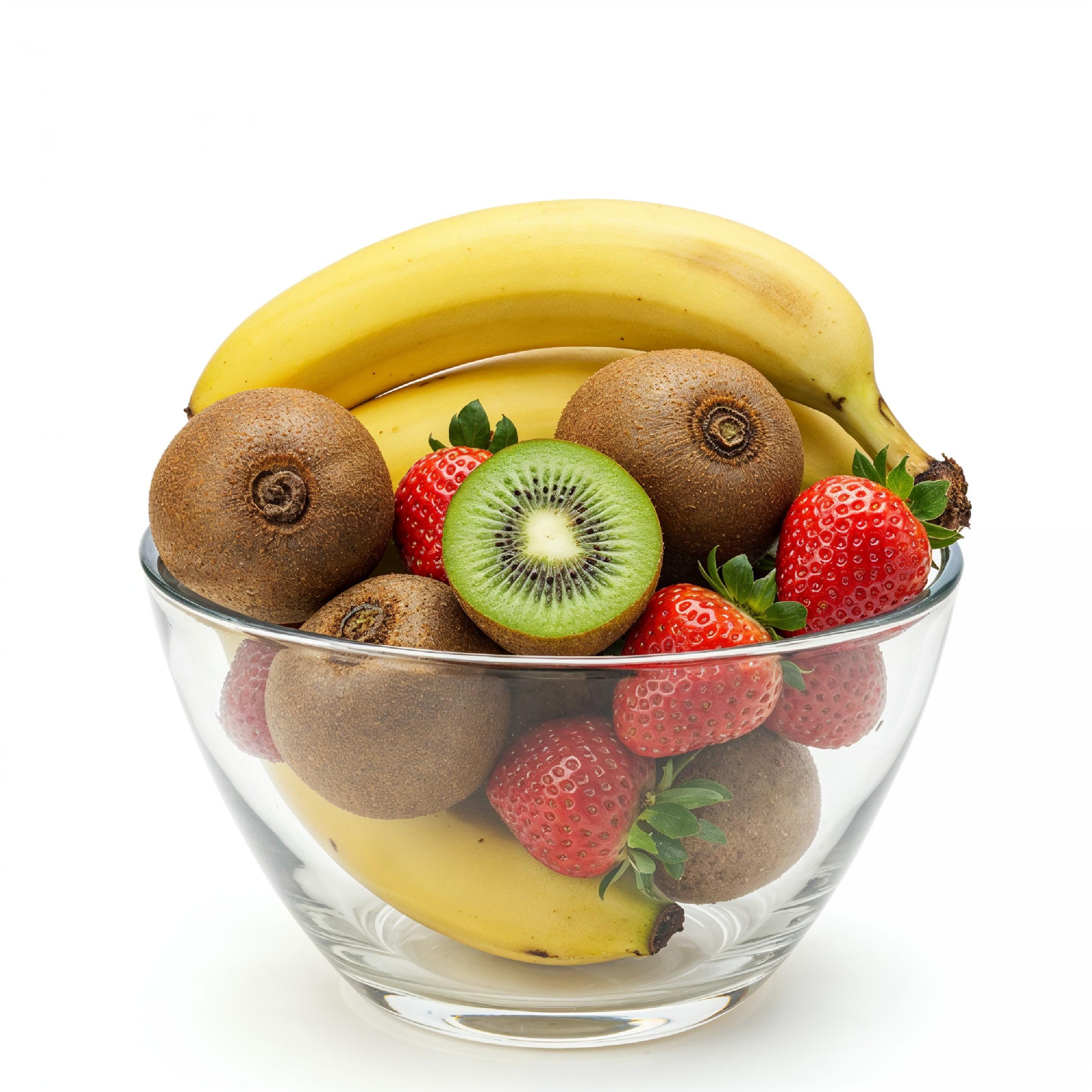 Fresh Fruit Arrangement in Glass Bowl with Bananas, Kiwi and Strawberries on White Background