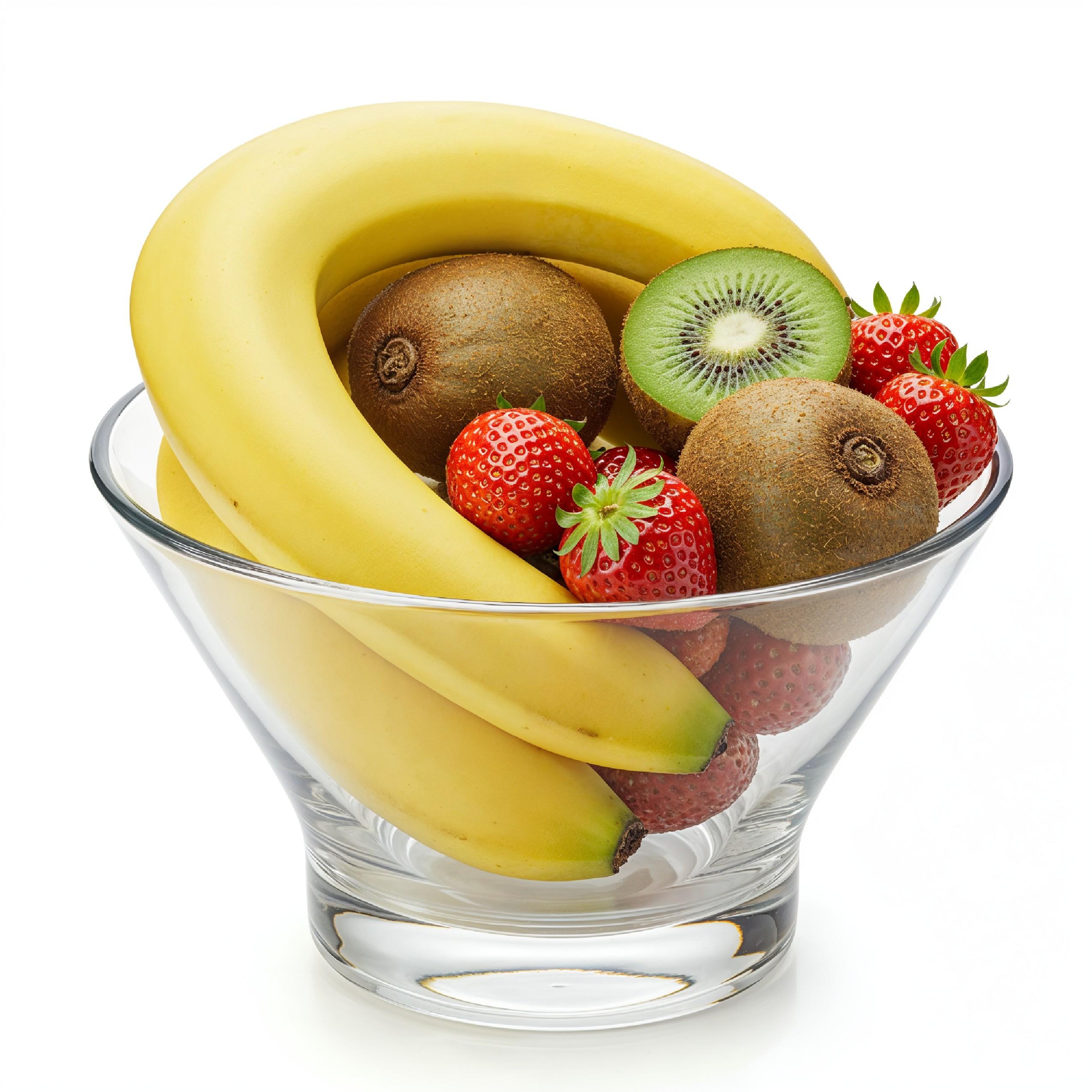 Fresh Fruit Arrangement in Glass Bowl with Bananas, Kiwi and Strawberries on White Background