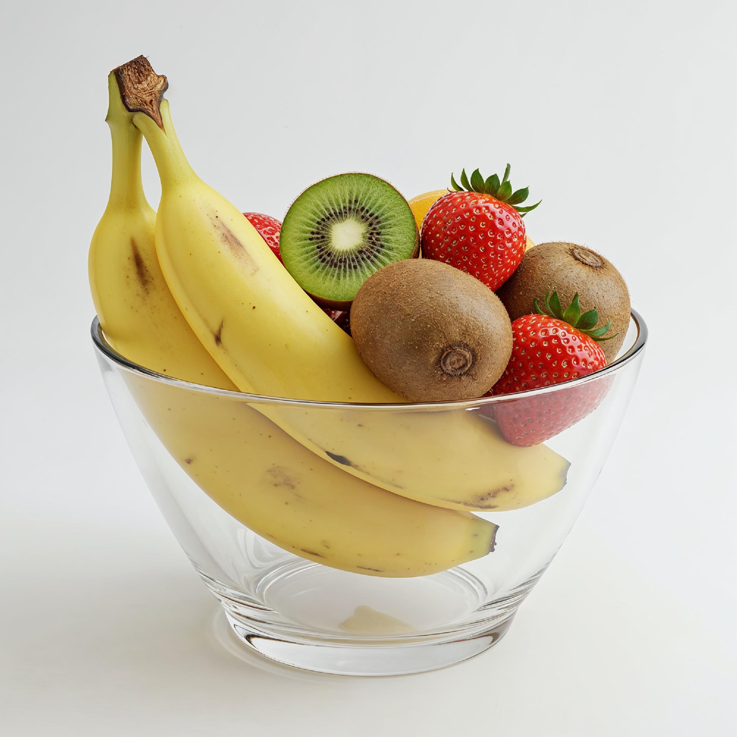 Fresh Fruit Arrangement in Glass Bowl with Bananas, Kiwi and Strawberries on White Background