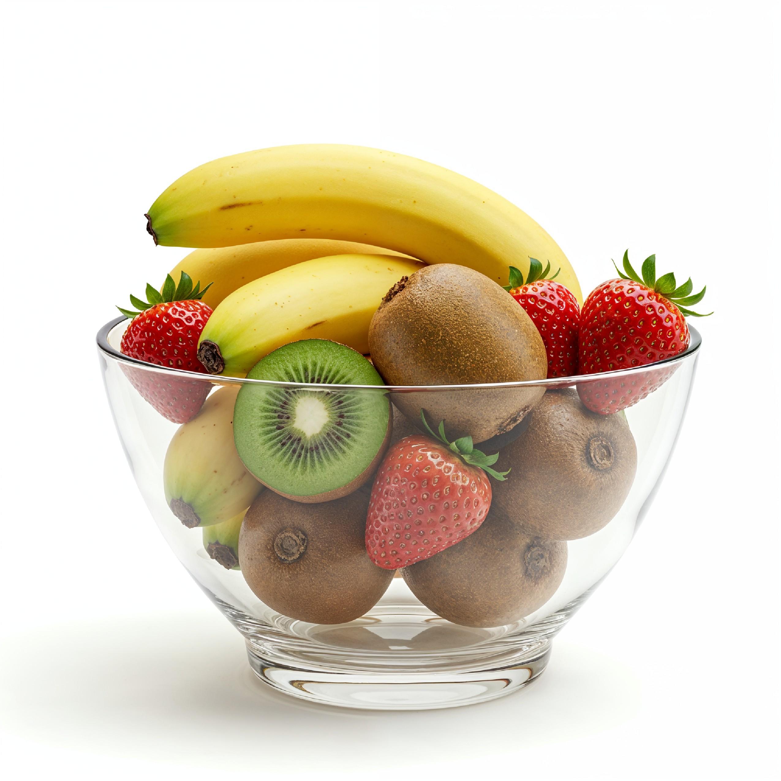 Fresh Fruit Arrangement in Glass Bowl with Bananas, Kiwi and Strawberries on White Background