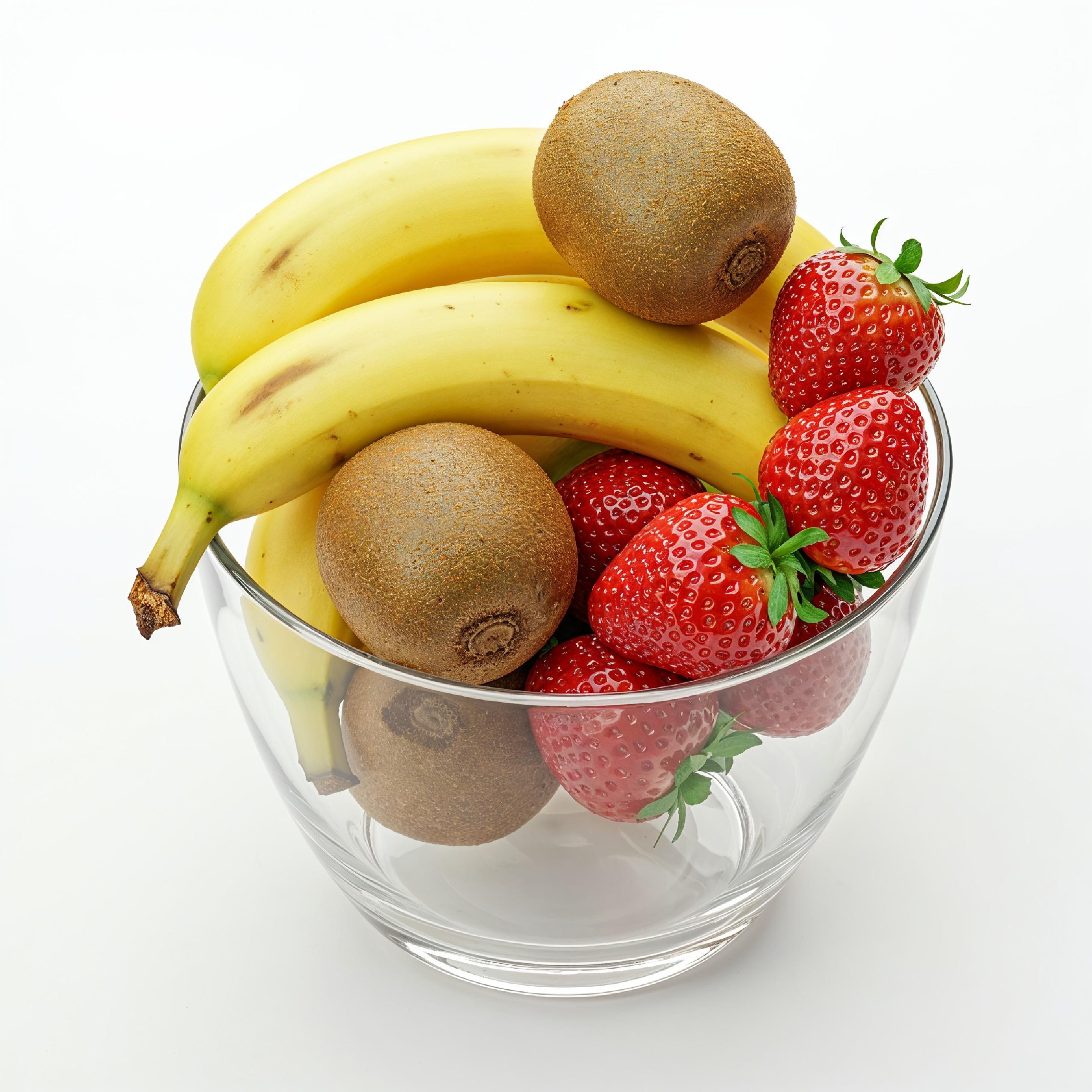 Fresh Fruit Arrangement in Glass Bowl with Bananas, Kiwi and Strawberries on White Background