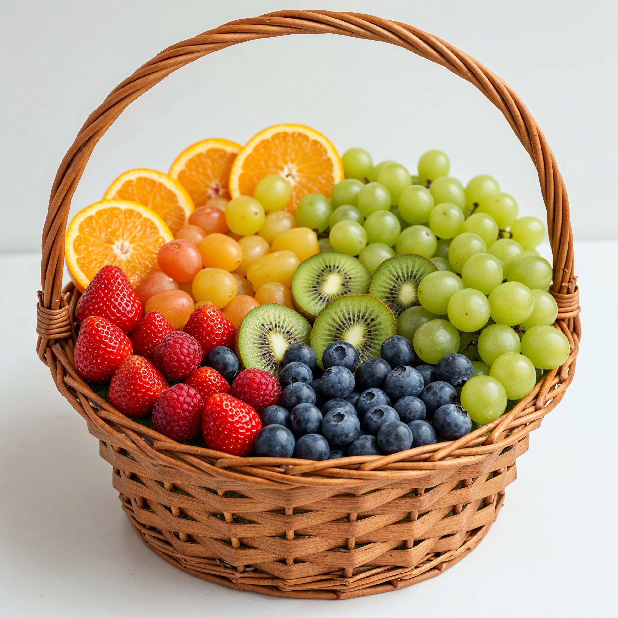 Fresh Mixed Seasonal Fruits in Wicker Basket Isolated on White Background, Healthy Food Concept