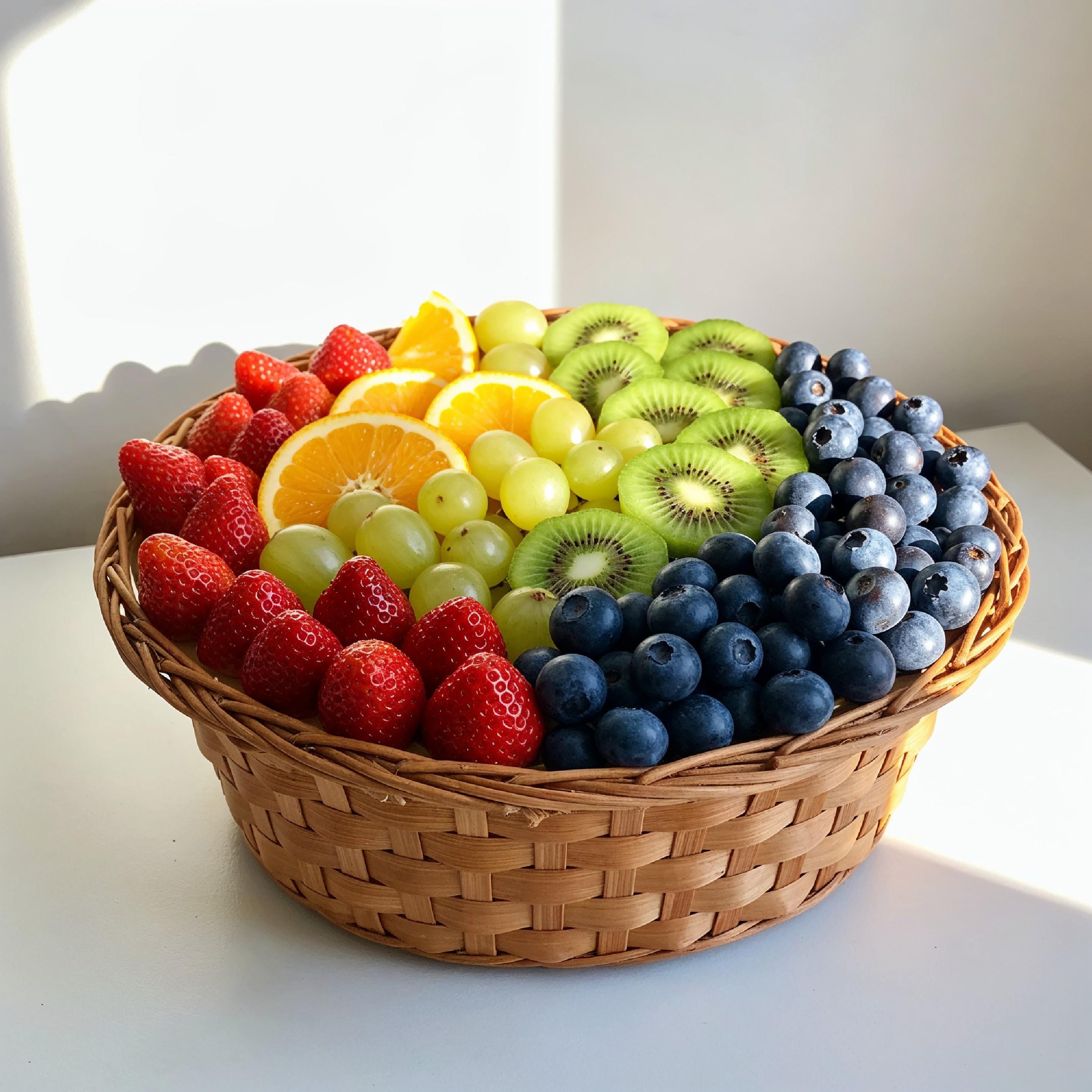 Fresh Mixed Seasonal Fruits in Wicker Basket Isolated on White Background, Healthy Food Concept