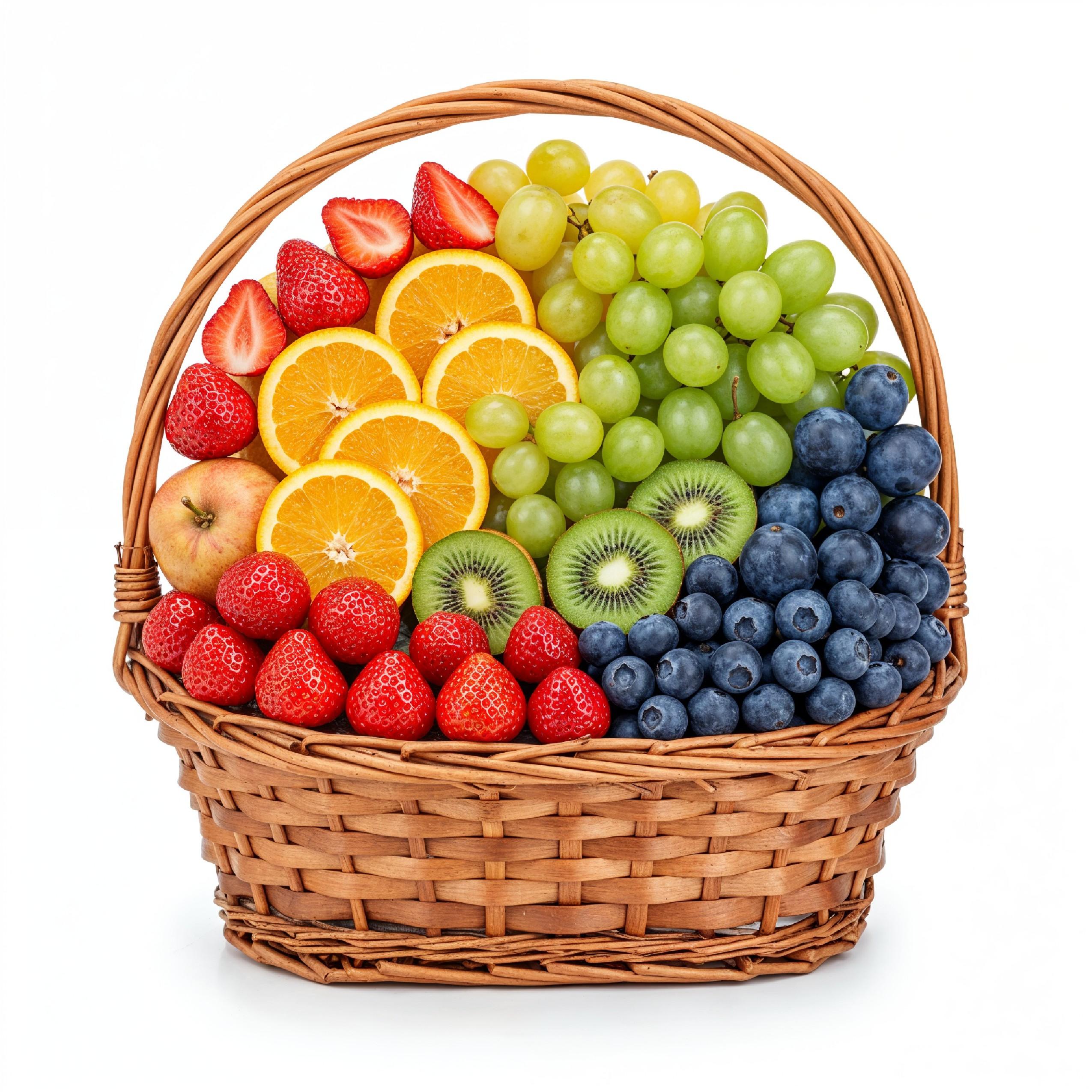 Fresh Mixed Seasonal Fruits in Wicker Basket Isolated on White Background, Healthy Food Concept