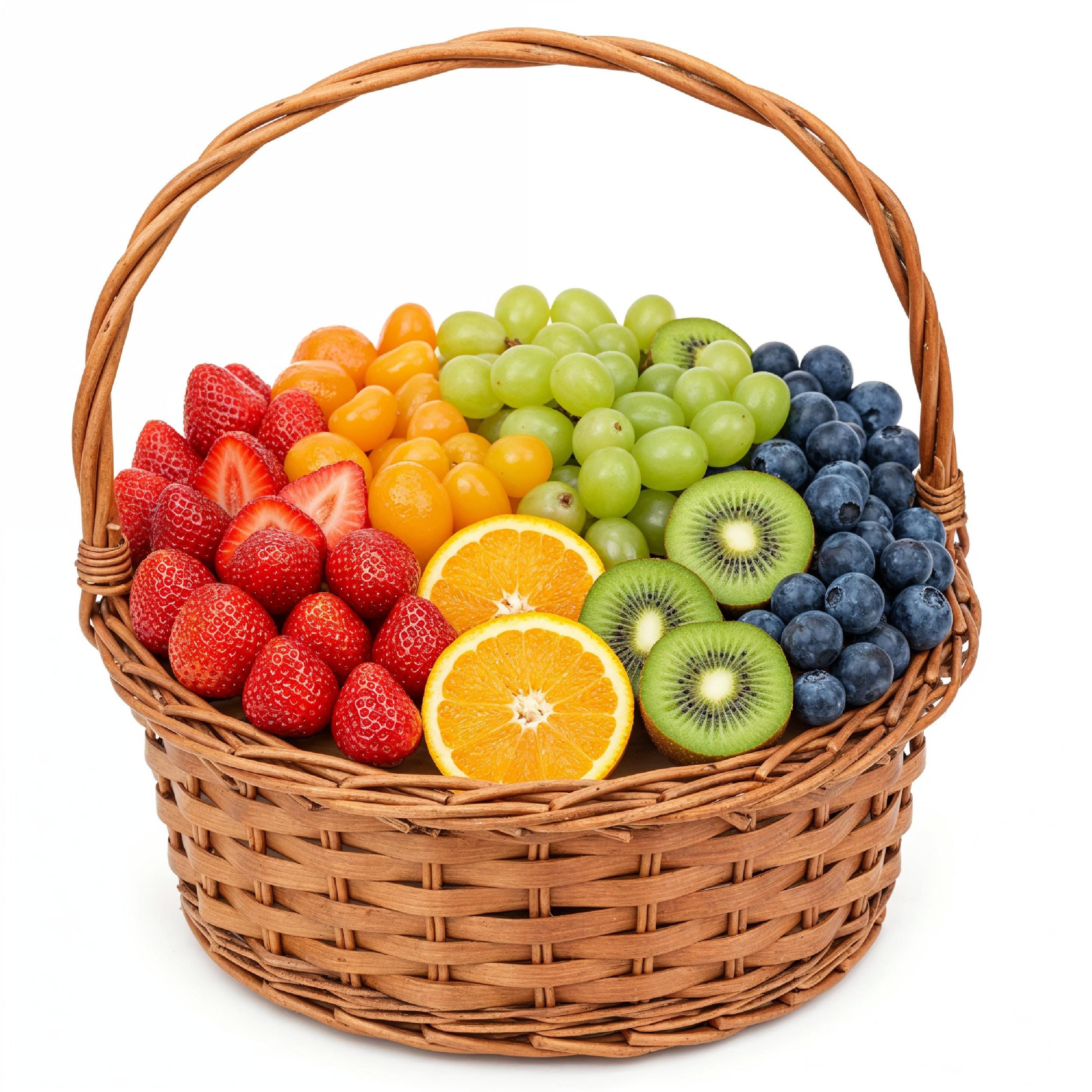 Fresh Mixed Seasonal Fruits in Wicker Basket Isolated on White Background, Healthy Food Concept