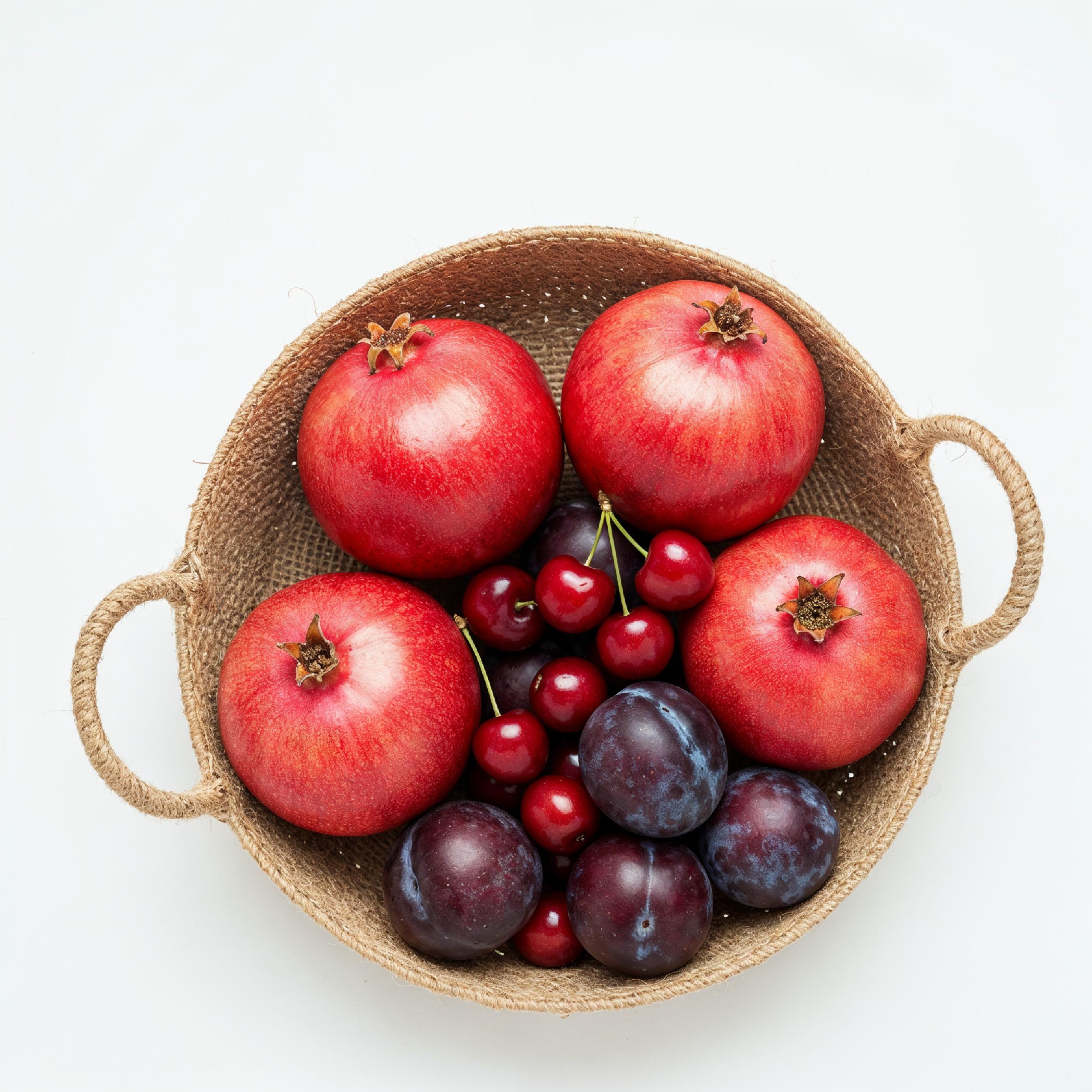 Fresh Pomegranates and Plums in Rustic Jute Basket Isolated on White Background