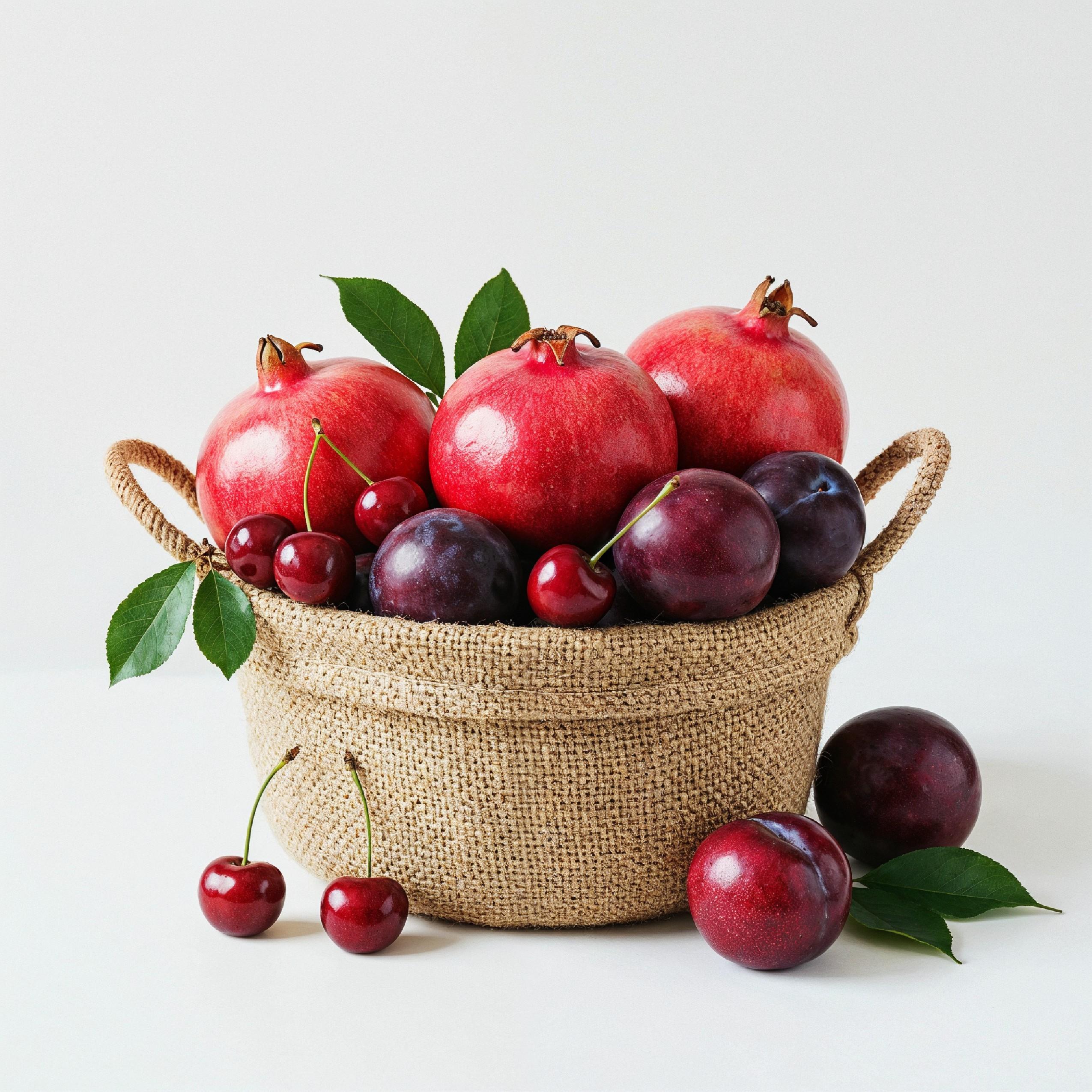 Fresh Pomegranates and Plums in Rustic Jute Basket Isolated on White Background