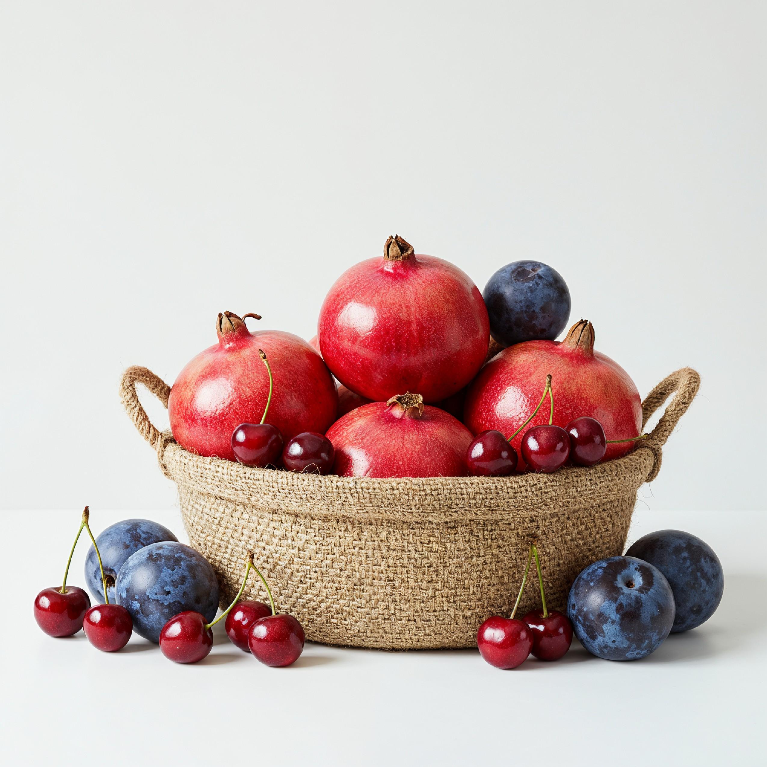 Fresh Pomegranates and Plums in Rustic Jute Basket Isolated on White Background