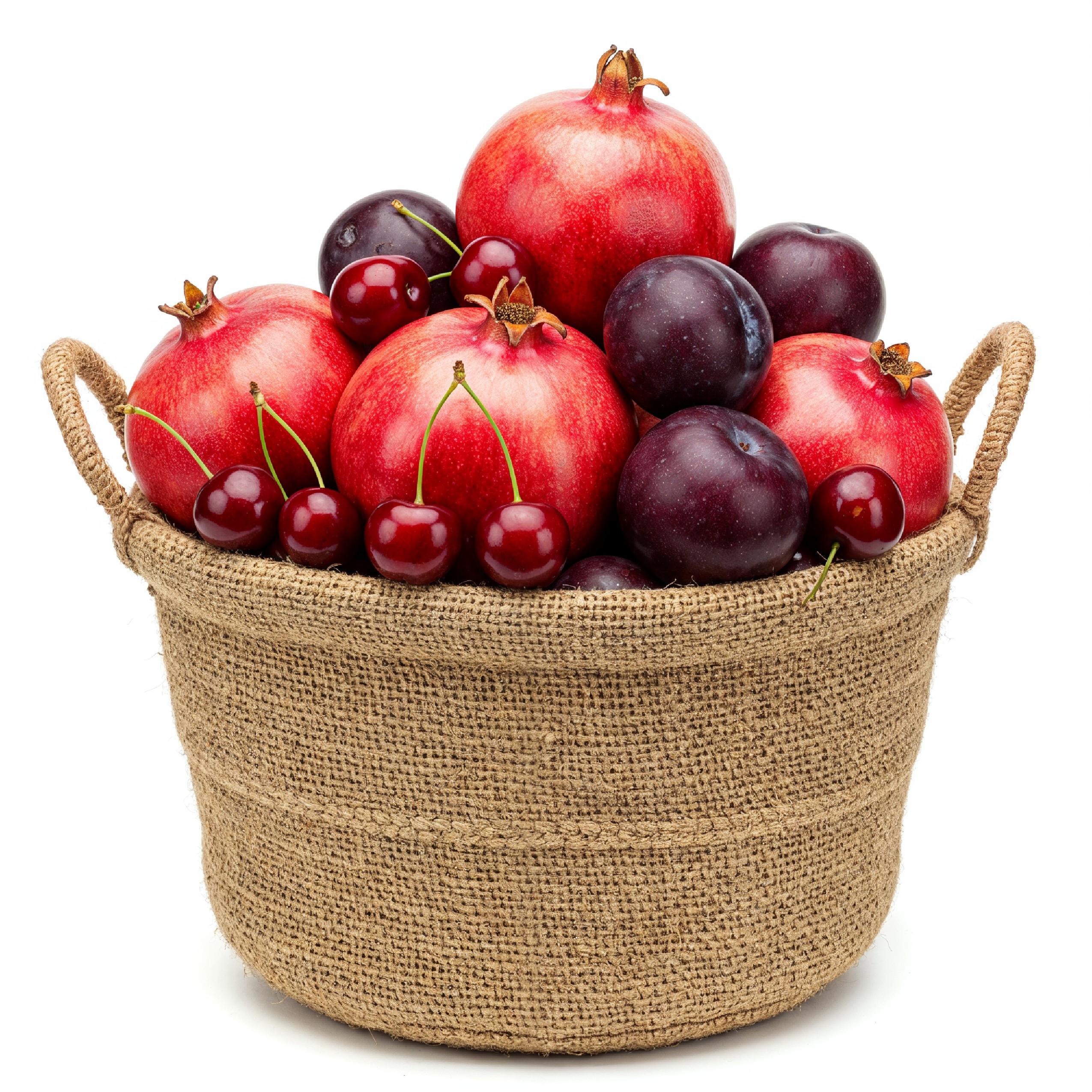 Fresh Pomegranates and Plums in Rustic Jute Basket Isolated on White Background