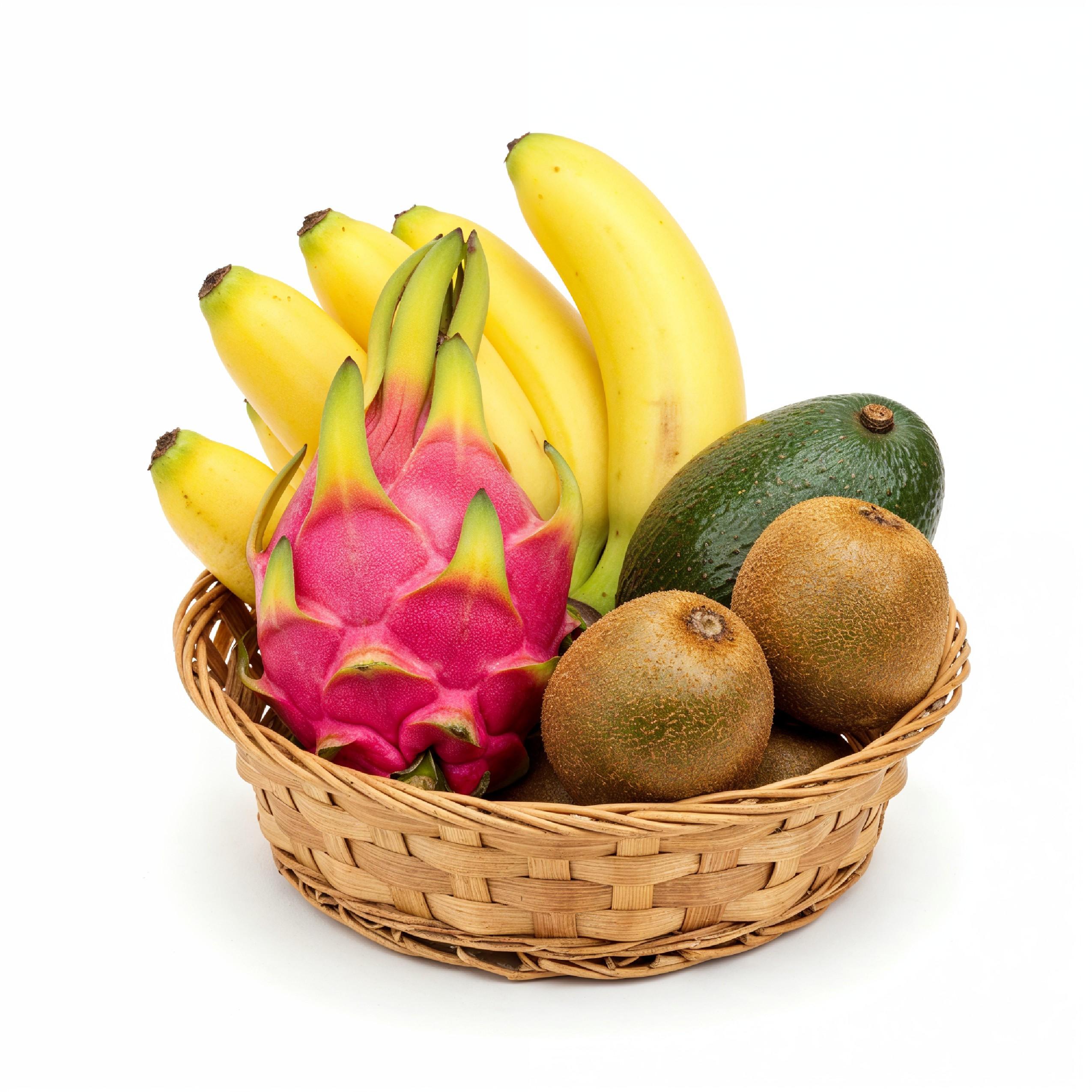 Healthy Tropical Fruit Basket with Bananas and Dragon Fruit on White Background