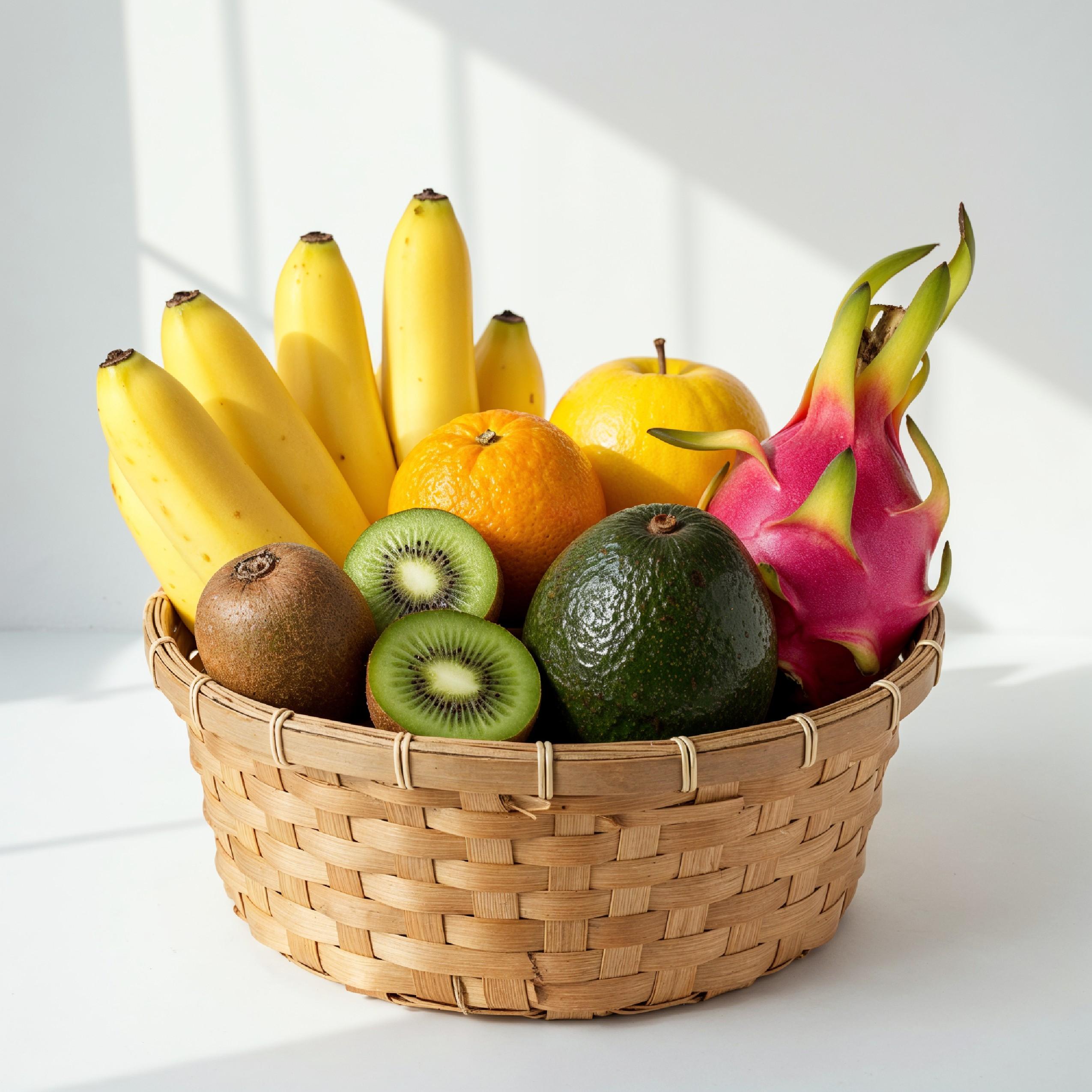 Healthy Tropical Fruit Basket with Bananas and Dragon Fruit on White Background