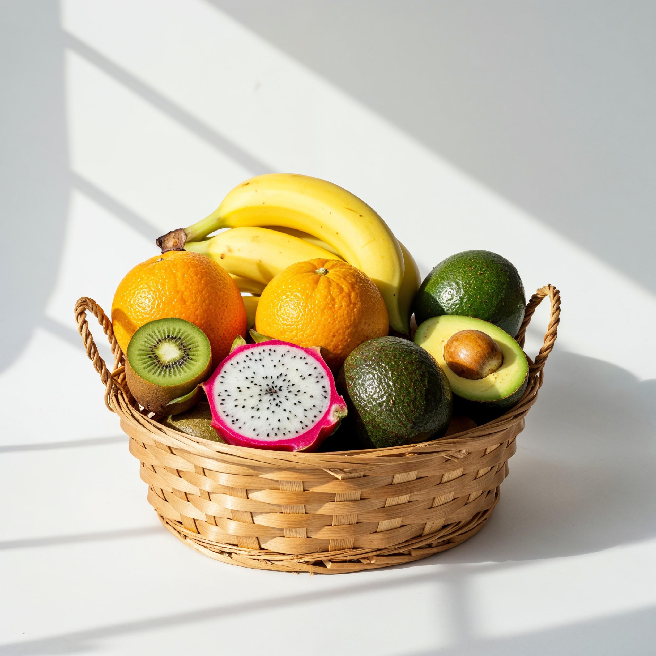 Healthy Tropical Fruit Basket with Bananas and Dragon Fruit on White Background
