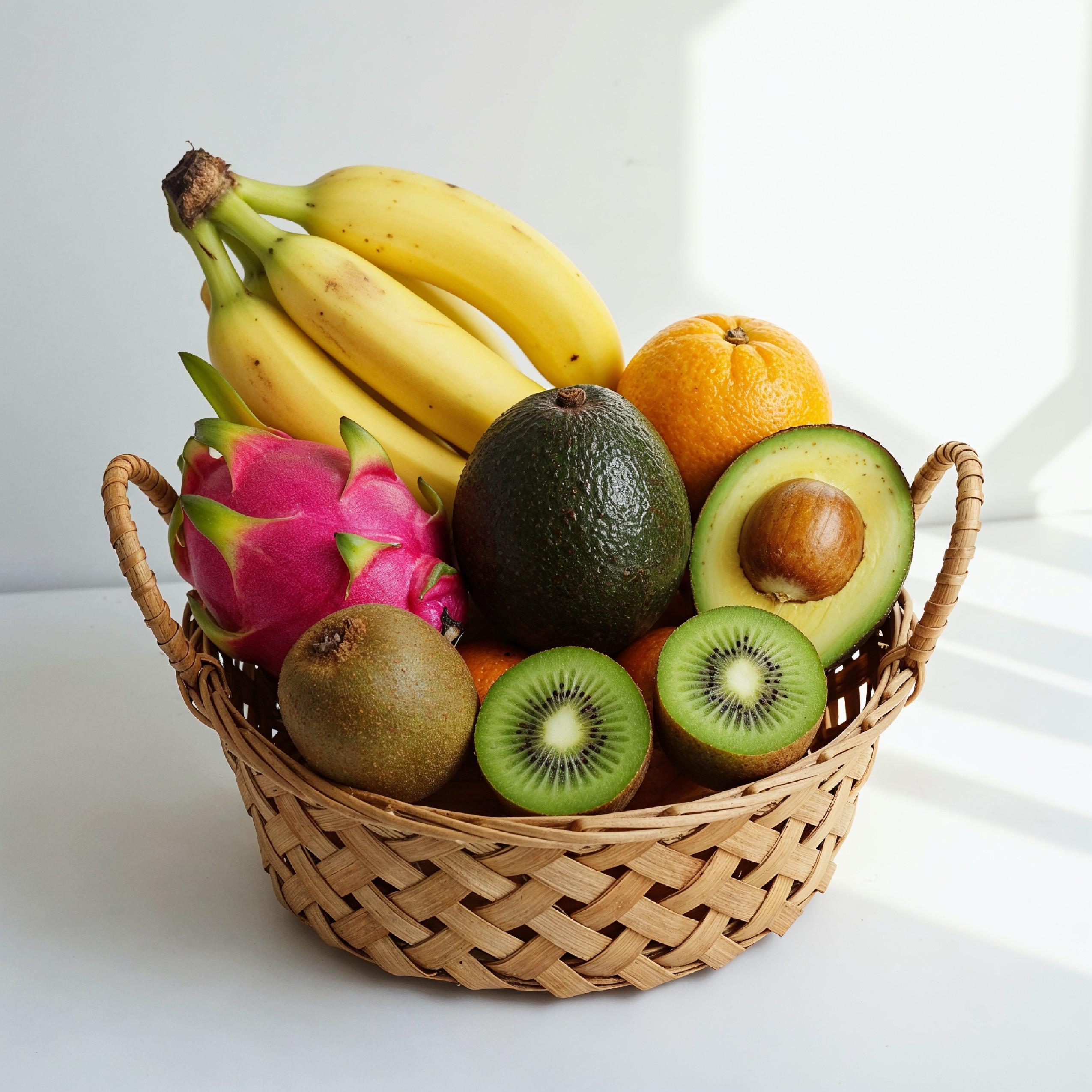 Healthy Tropical Fruit Basket with Bananas and Dragon Fruit on White Background