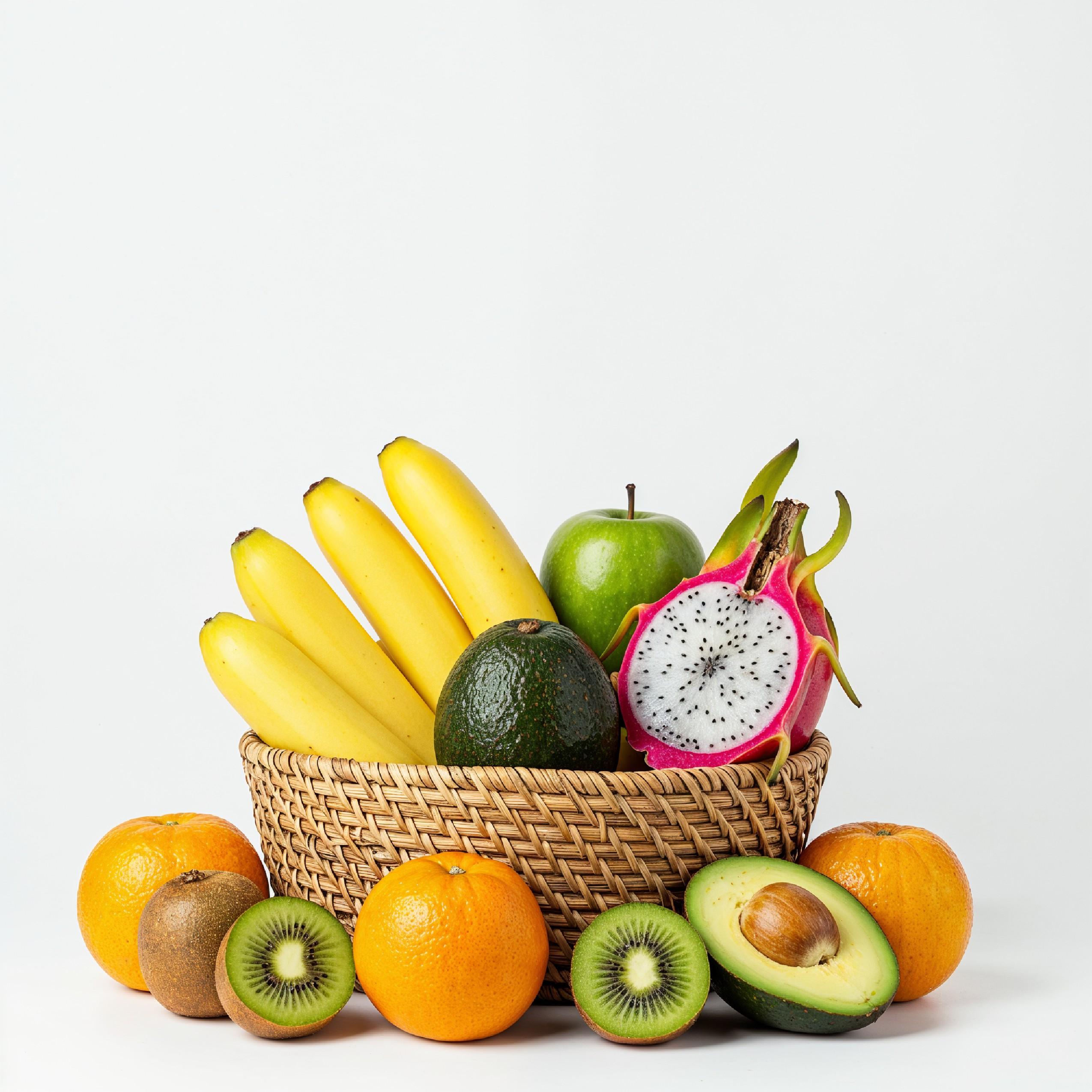 Healthy Tropical Fruit Basket with Bananas and Dragon Fruit on White Background