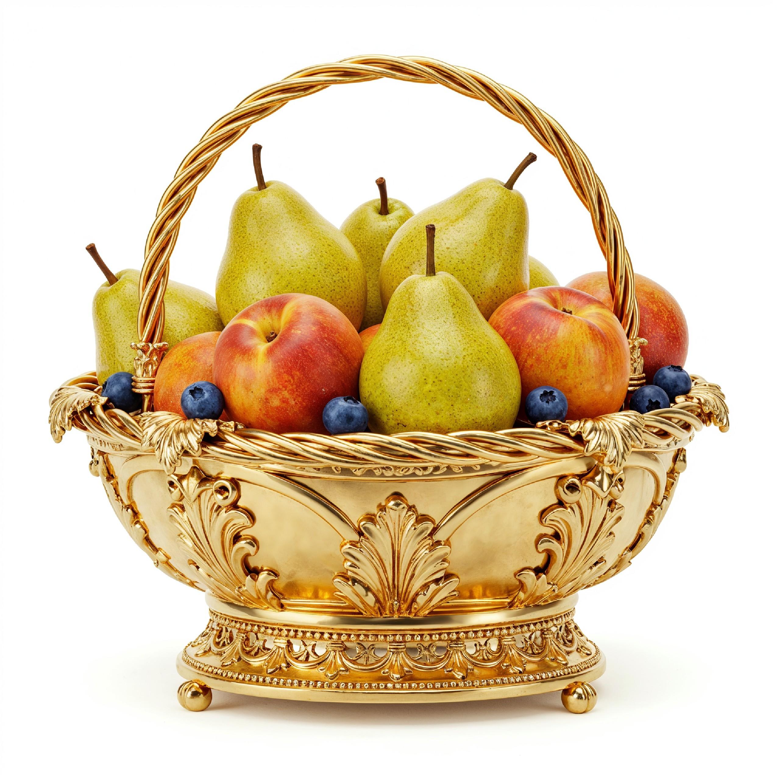 Luxury Golden Fruit Basket with Pears and Peaches Isolated on White Background