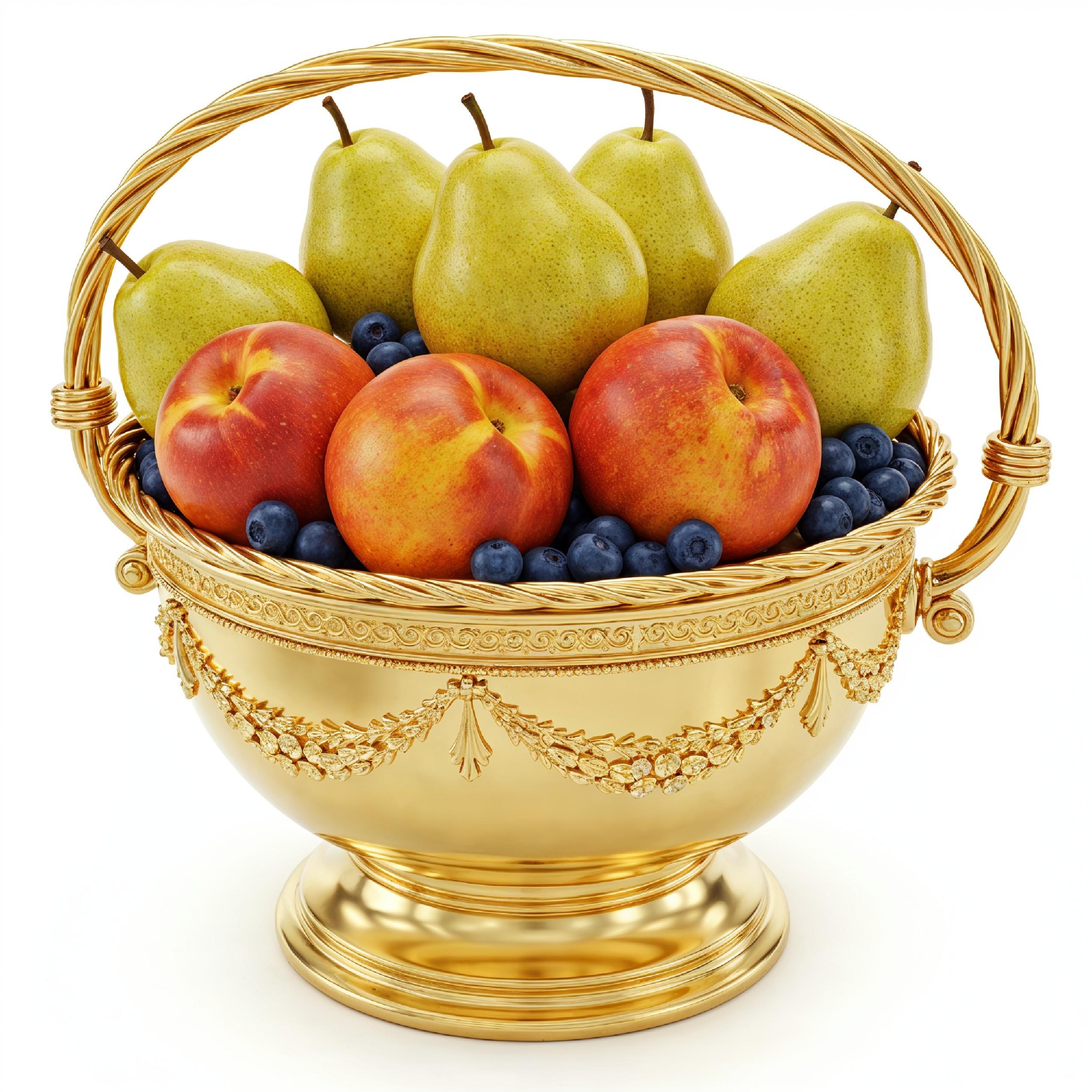 Luxury Golden Fruit Basket with Pears and Peaches Isolated on White Background