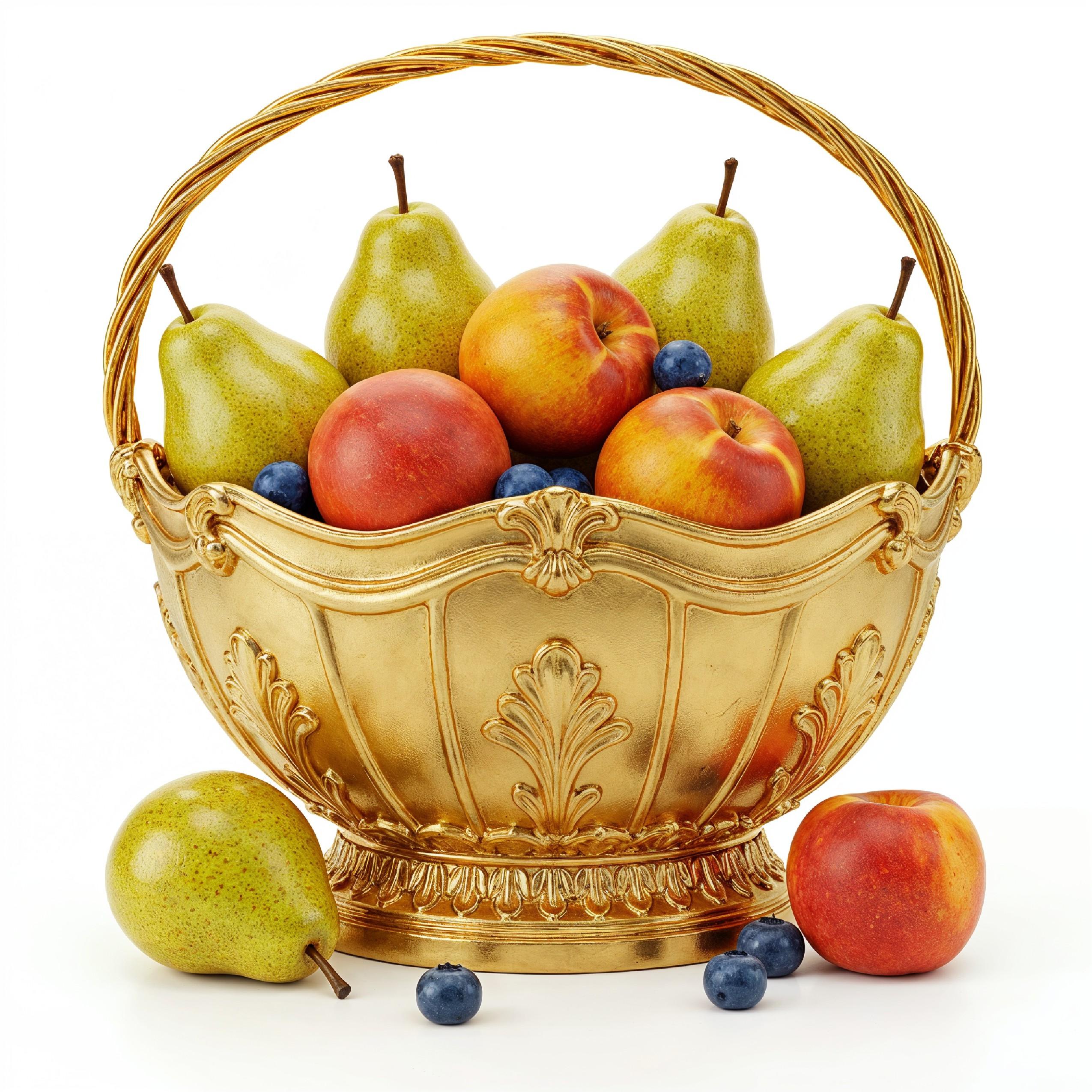 Luxury Golden Fruit Basket with Pears and Peaches Isolated on White Background