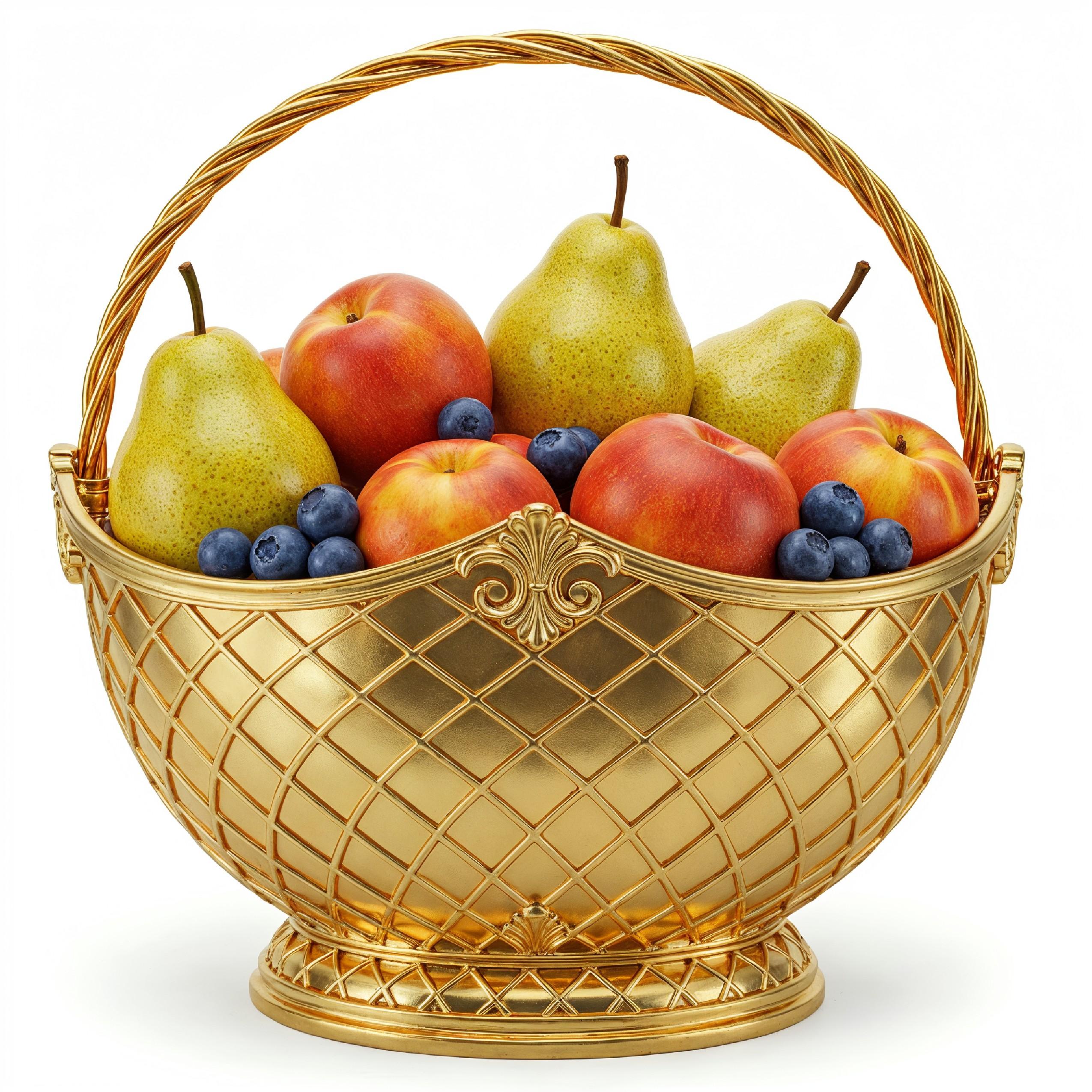 Luxury Golden Fruit Basket with Pears and Peaches Isolated on White Background
