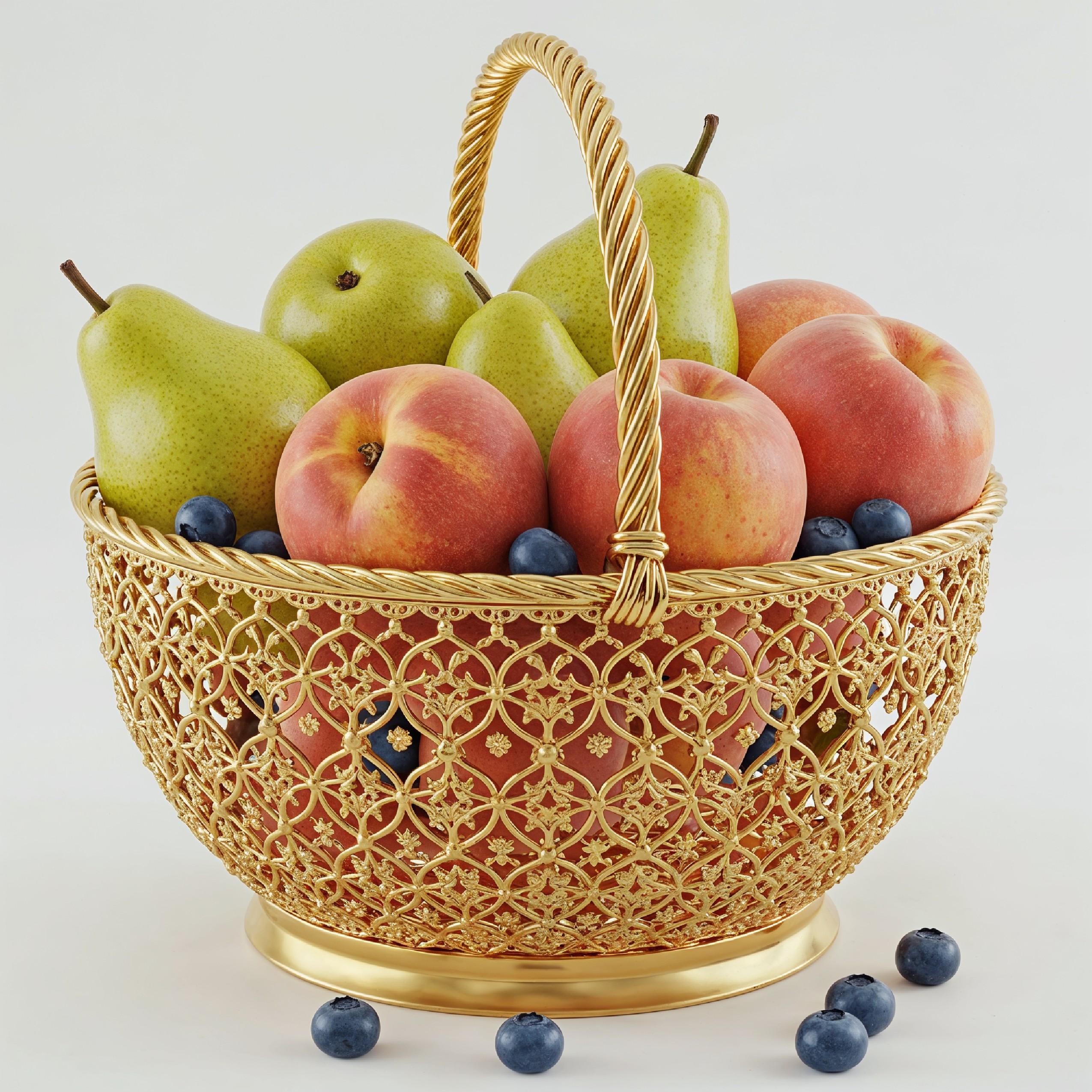Luxury Golden Fruit Basket with Pears and Peaches Isolated on White Background