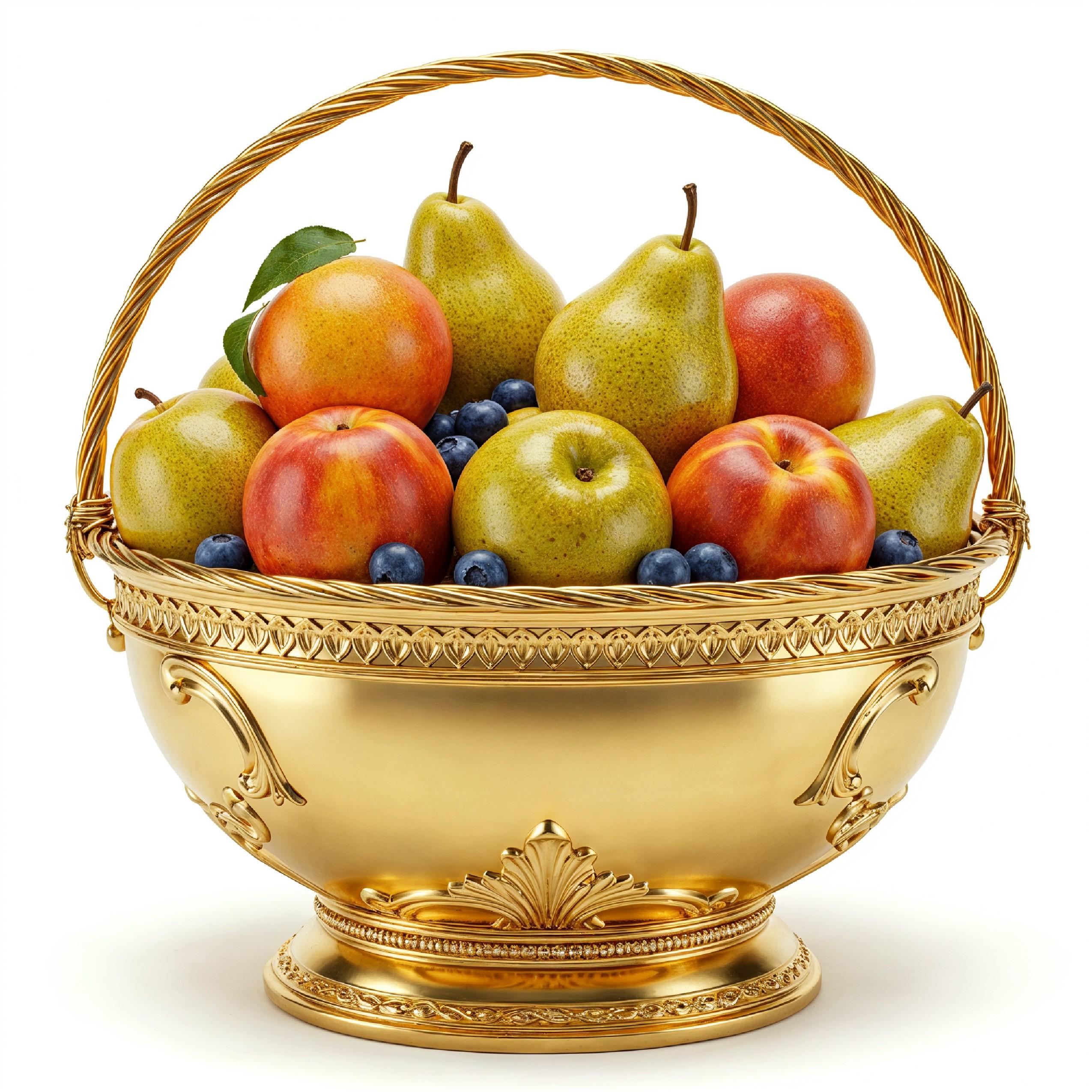 Luxury Golden Fruit Basket with Pears and Peaches Isolated on White Background