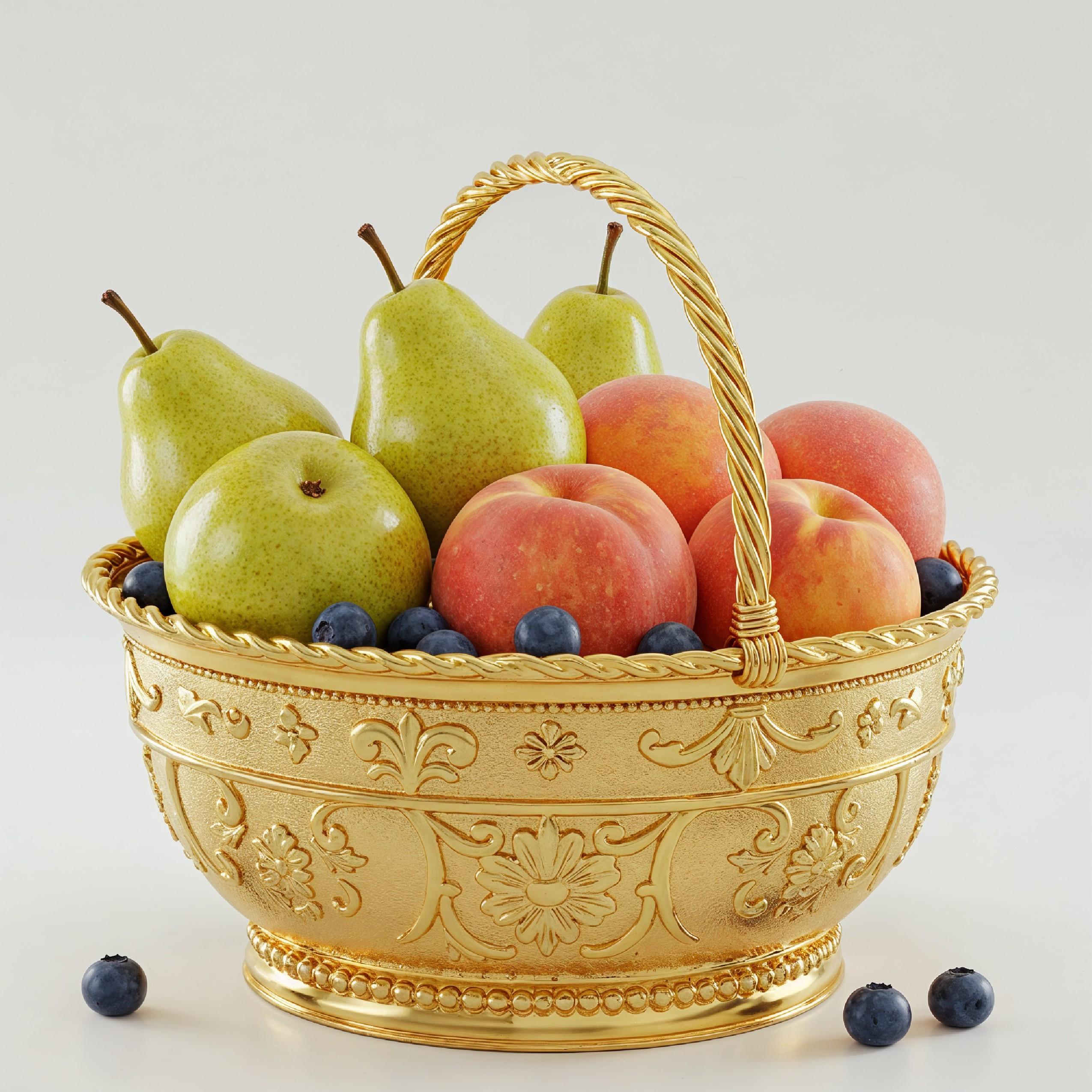 Luxury Golden Fruit Basket with Pears and Peaches Isolated on White Background