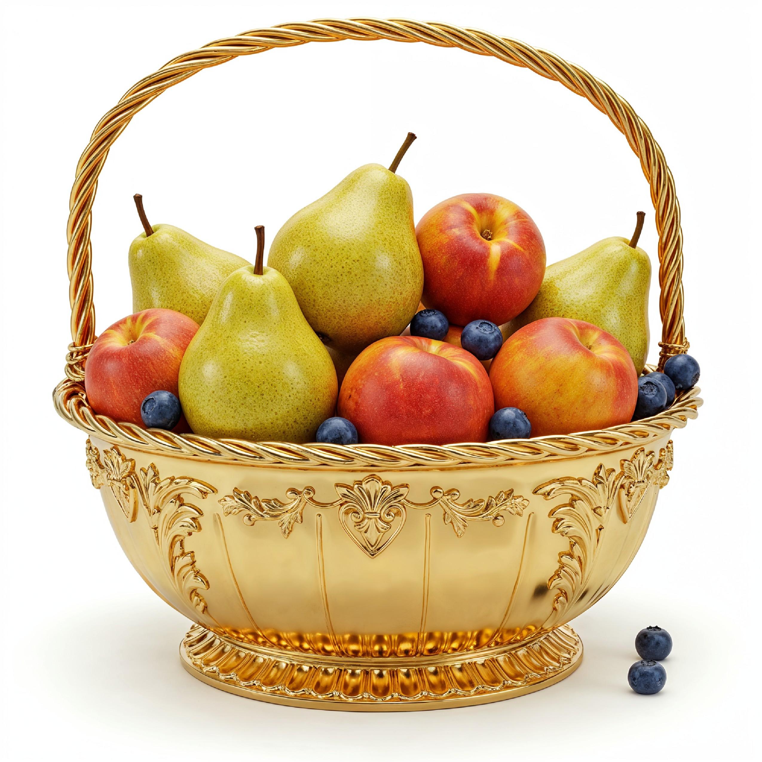 Luxury Golden Fruit Basket with Pears and Peaches Isolated on White Background