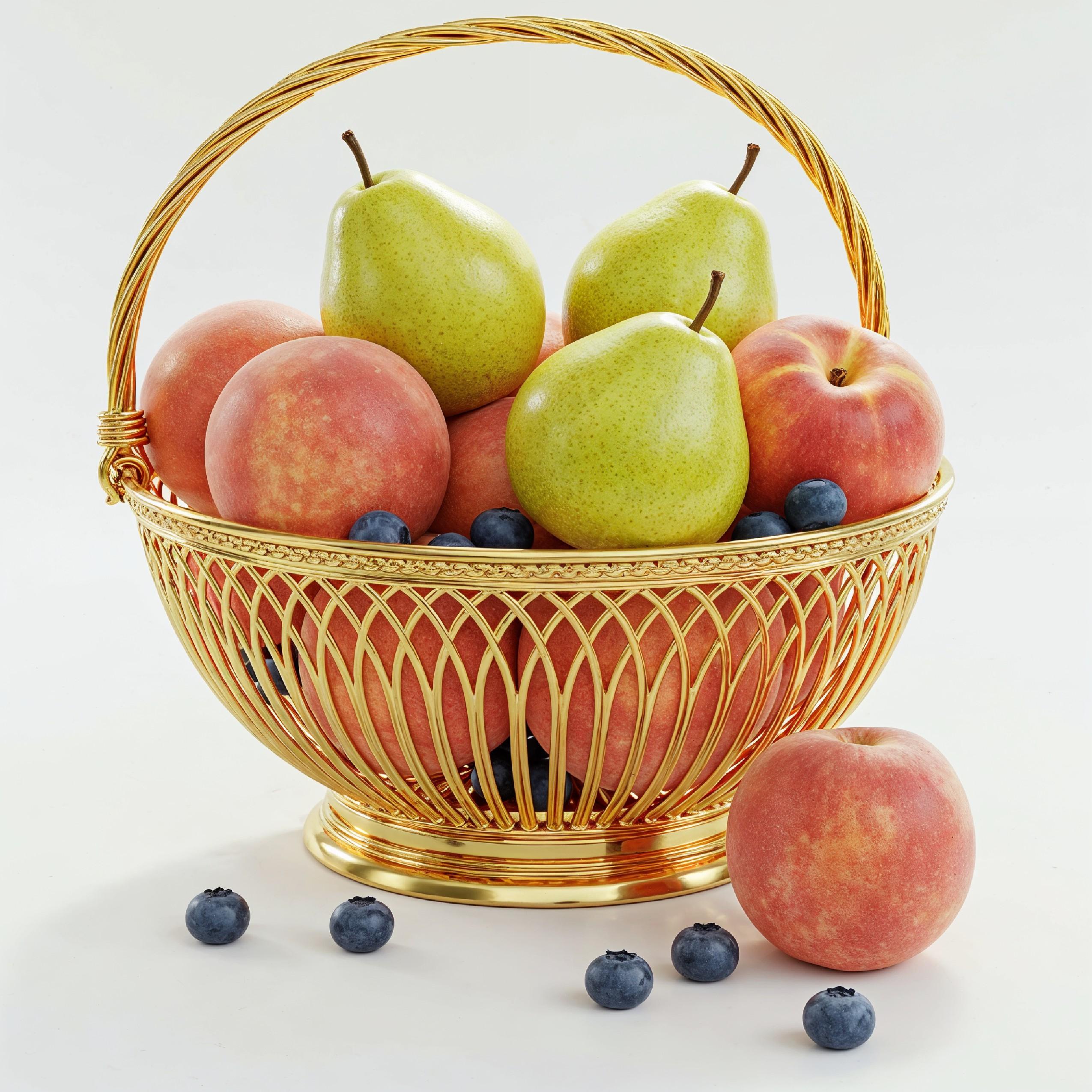 Luxury Golden Fruit Basket with Pears and Peaches Isolated on White Background