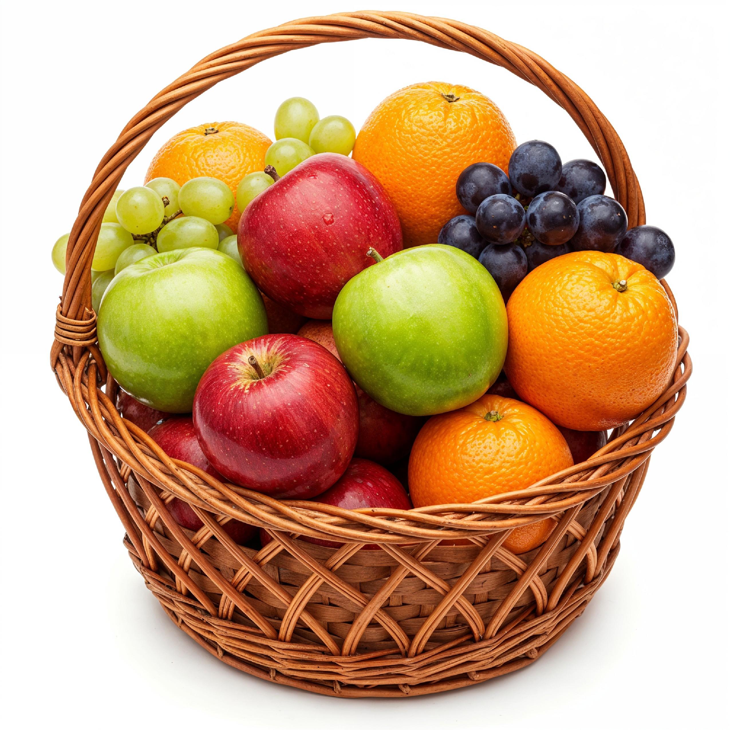 Rustic Wicker Fruit Basket with Fresh Apples, Oranges and Grapes on White Background