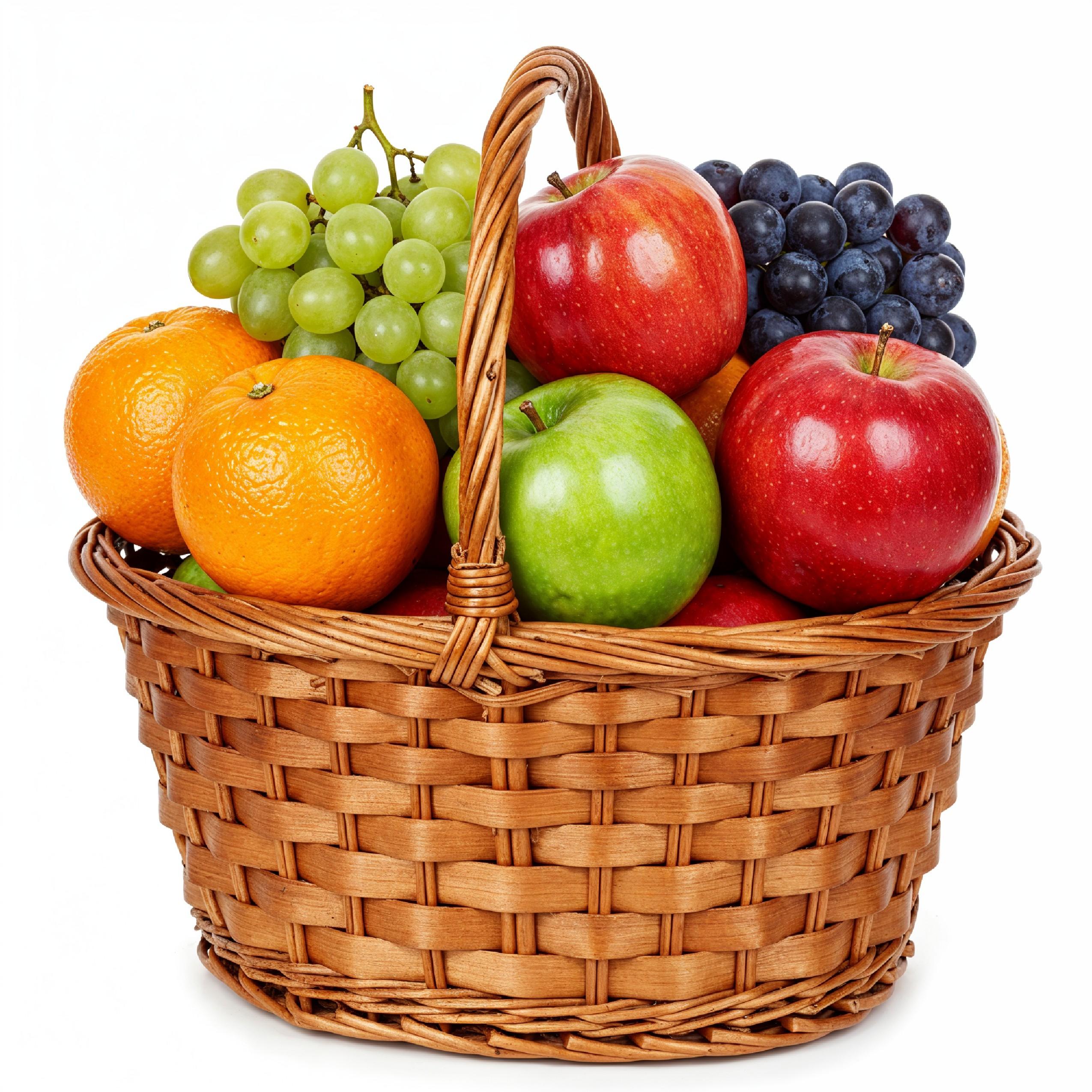 Rustic Wicker Fruit Basket with Fresh Apples, Oranges and Grapes on White Background