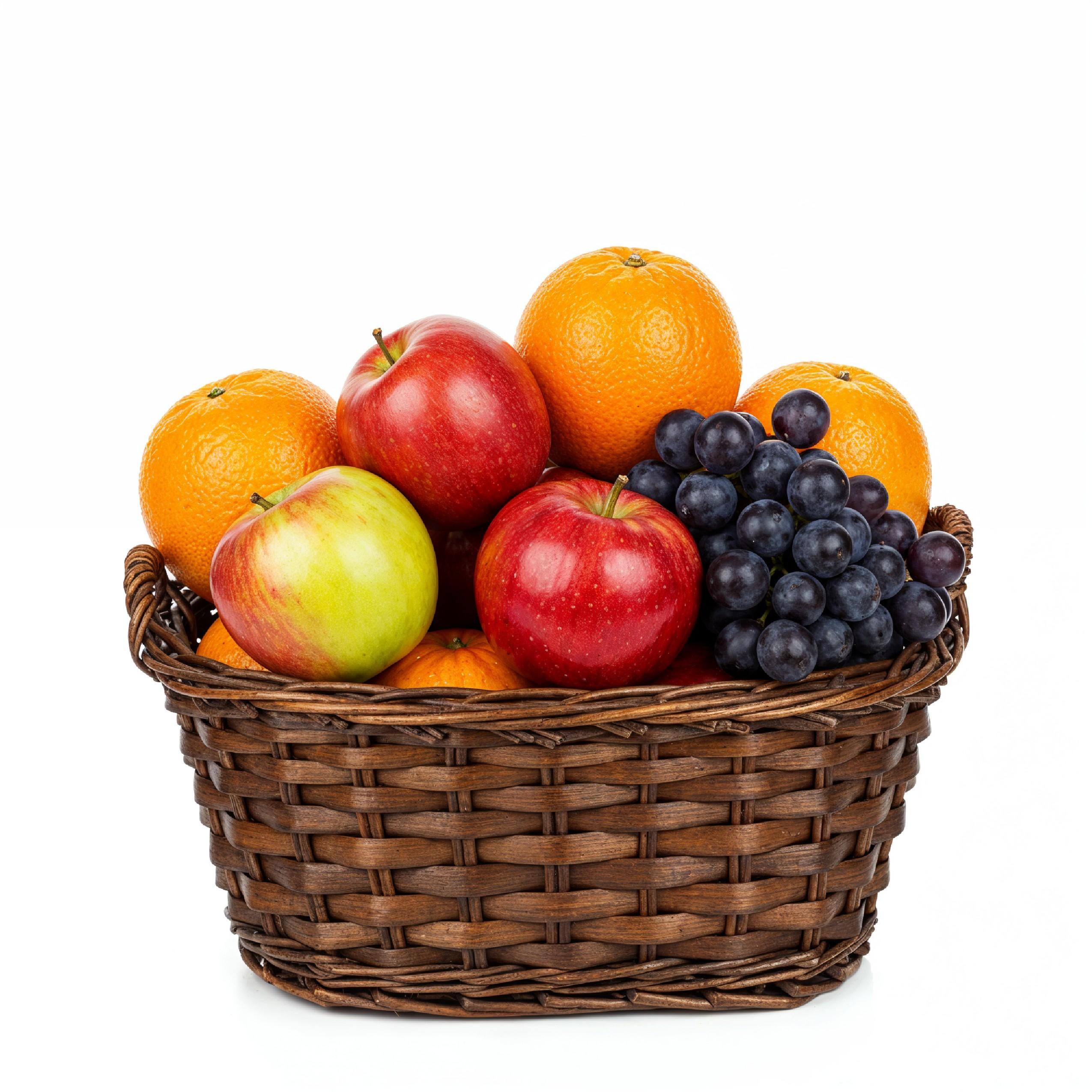 Rustic Wicker Fruit Basket with Fresh Apples, Oranges and Grapes on White Background