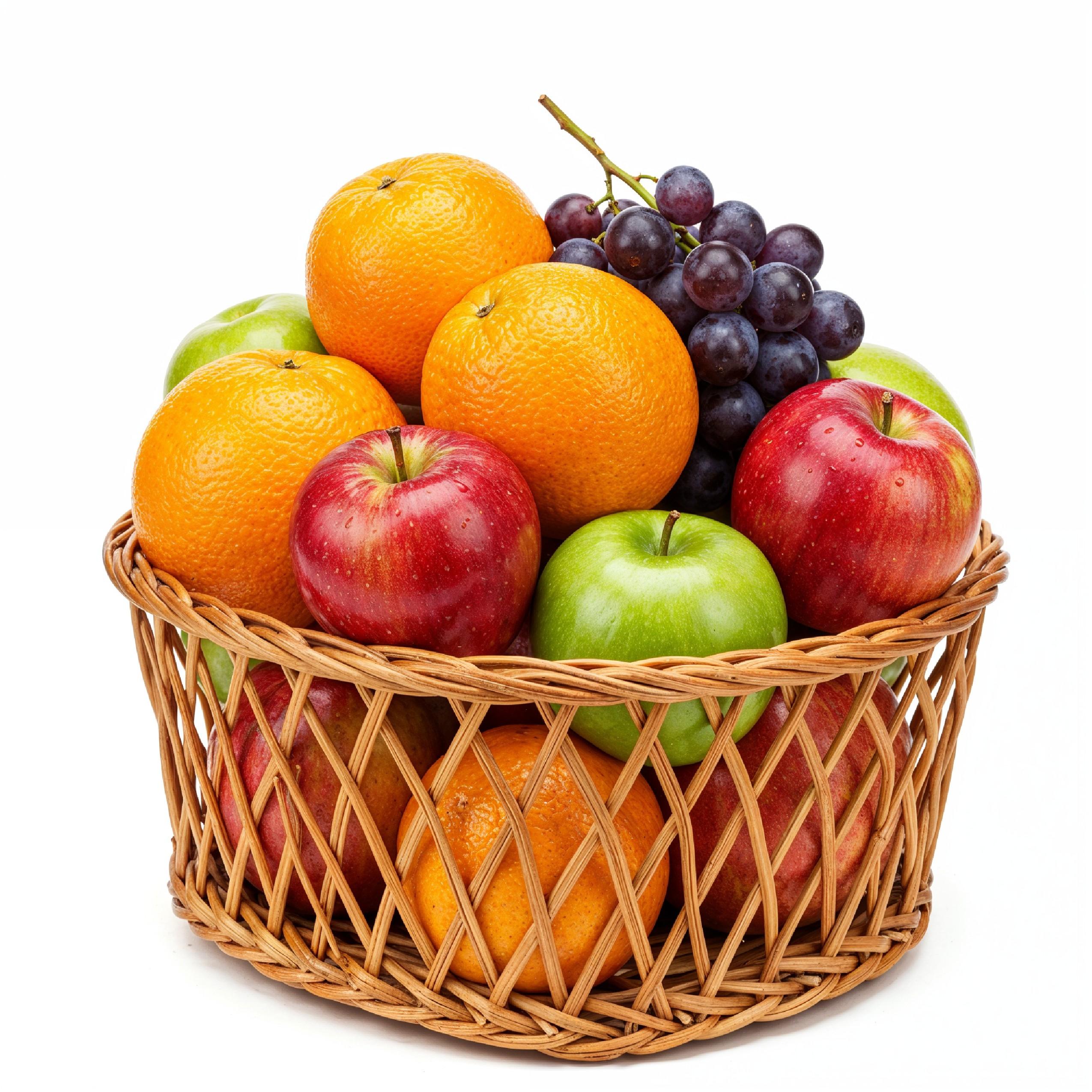 Rustic Wicker Fruit Basket with Fresh Apples, Oranges and Grapes on White Background