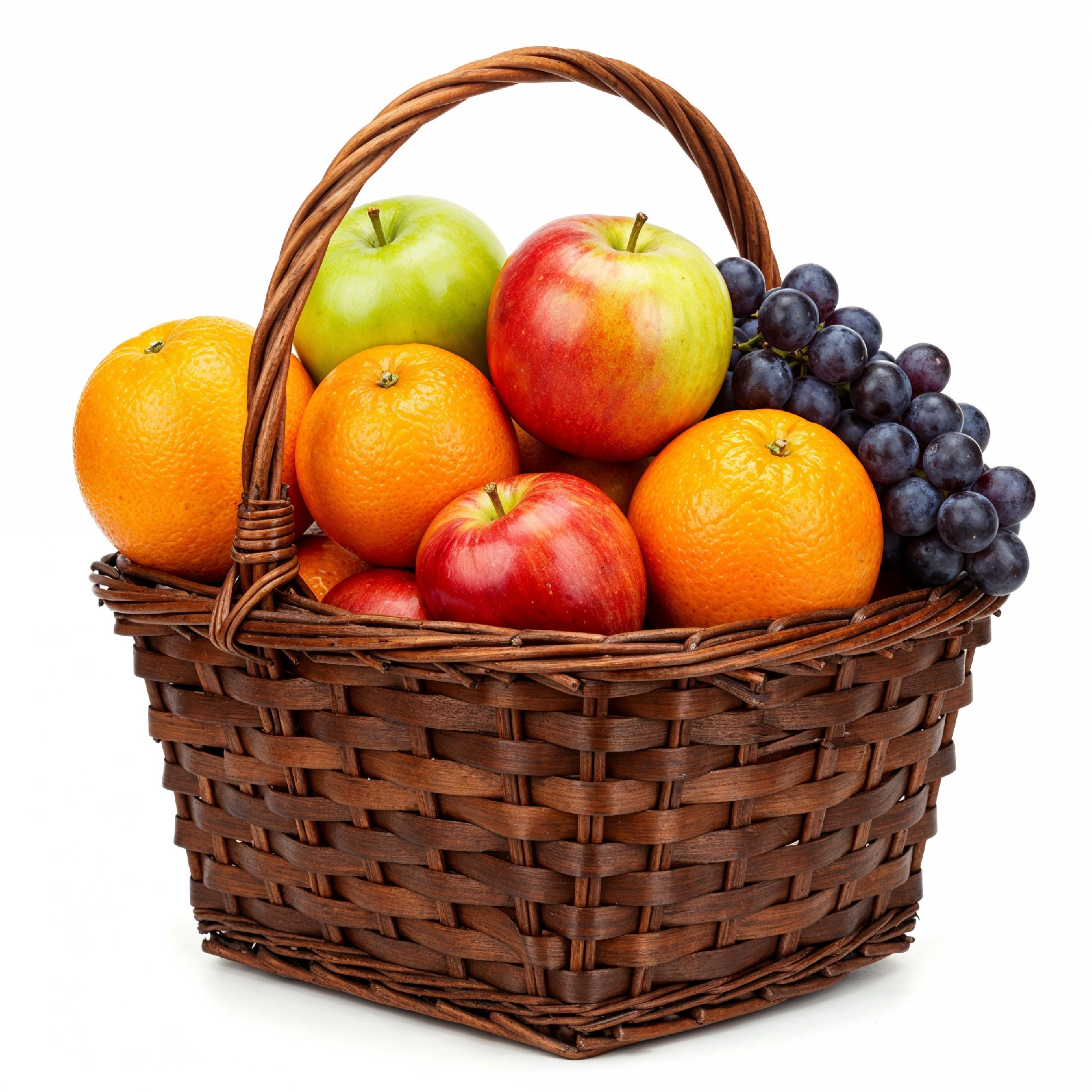 Rustic Wicker Fruit Basket with Fresh Apples, Oranges and Grapes on White Background