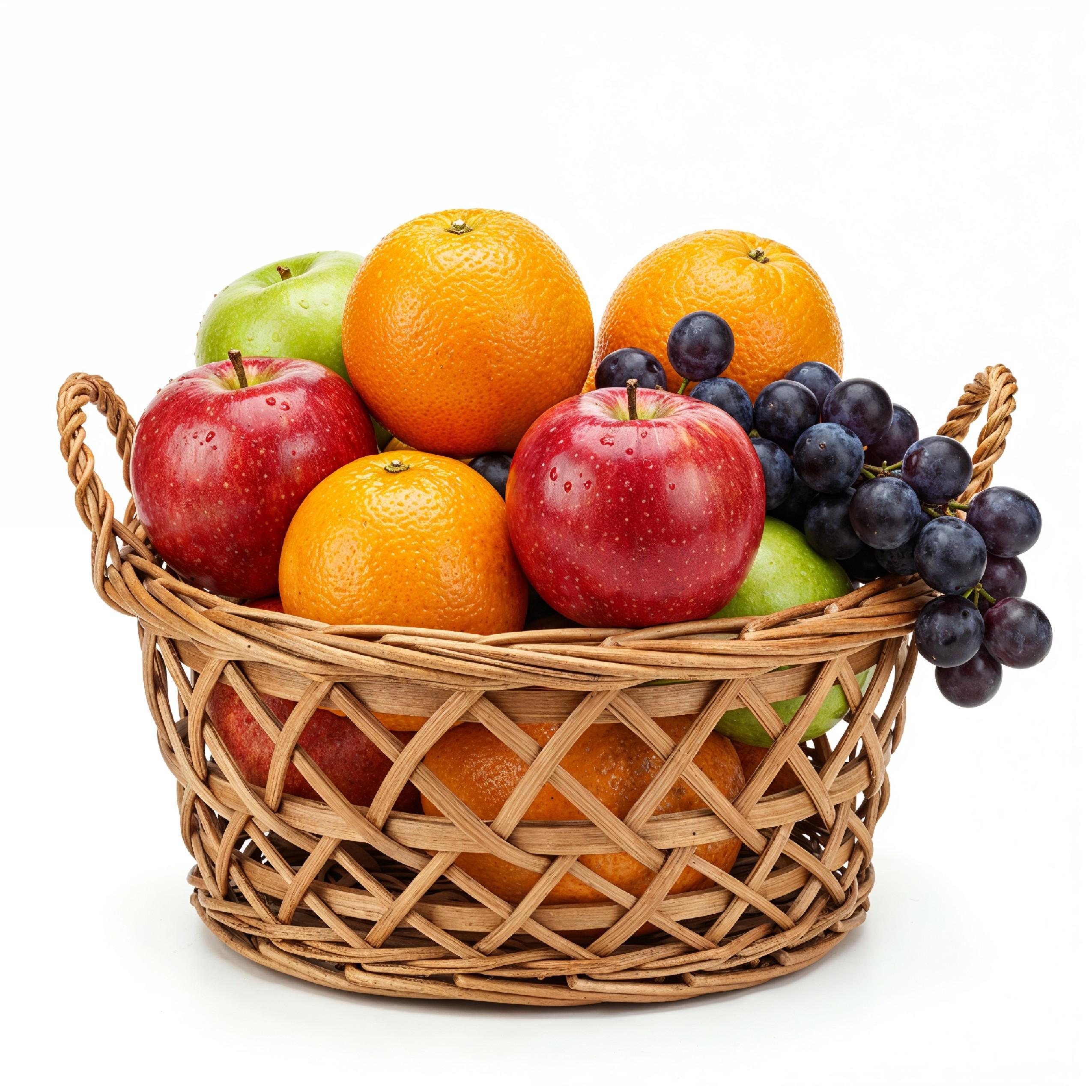 Rustic Wicker Fruit Basket with Fresh Apples, Oranges and Grapes on White Background