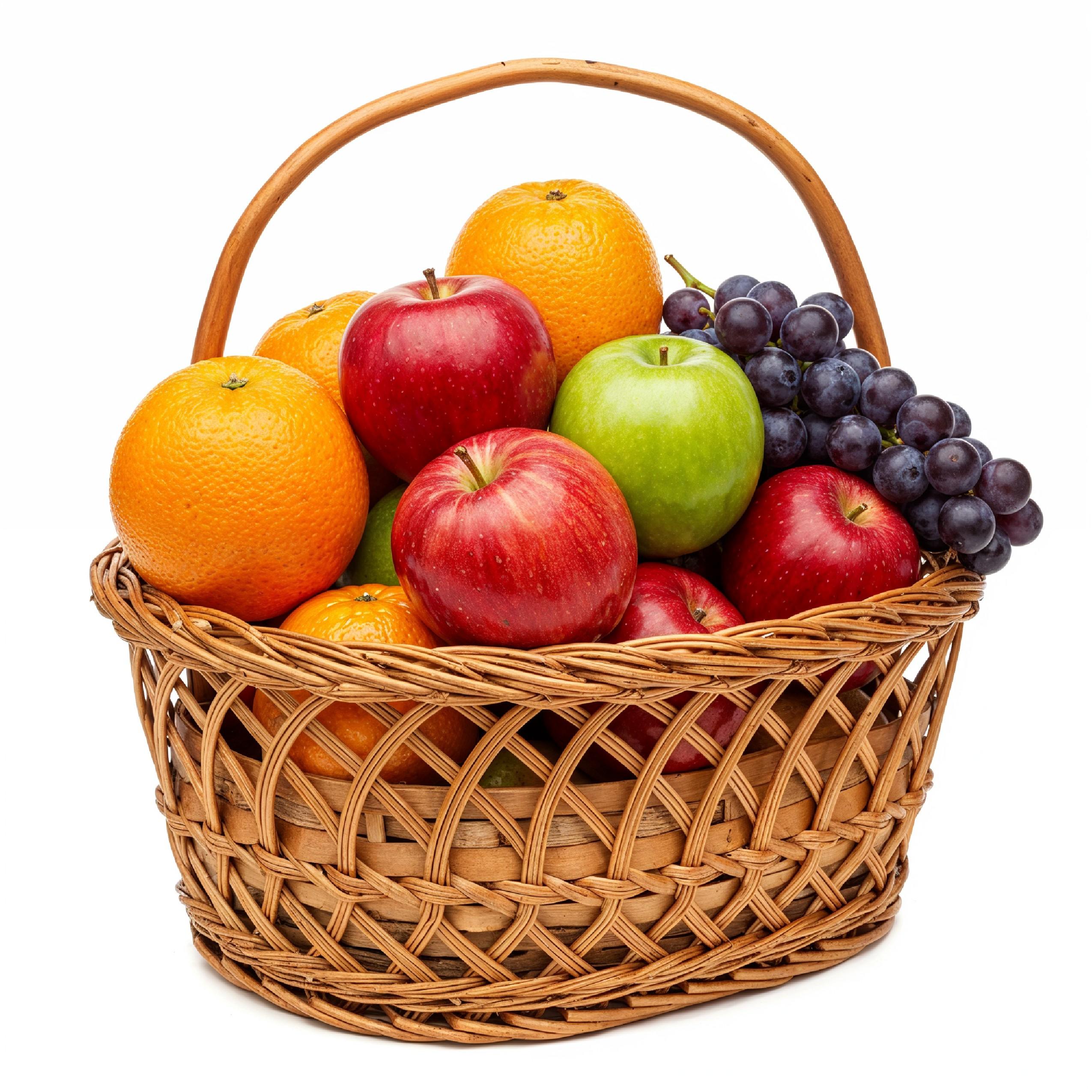 Rustic Wicker Fruit Basket with Fresh Apples, Oranges and Grapes on White Background