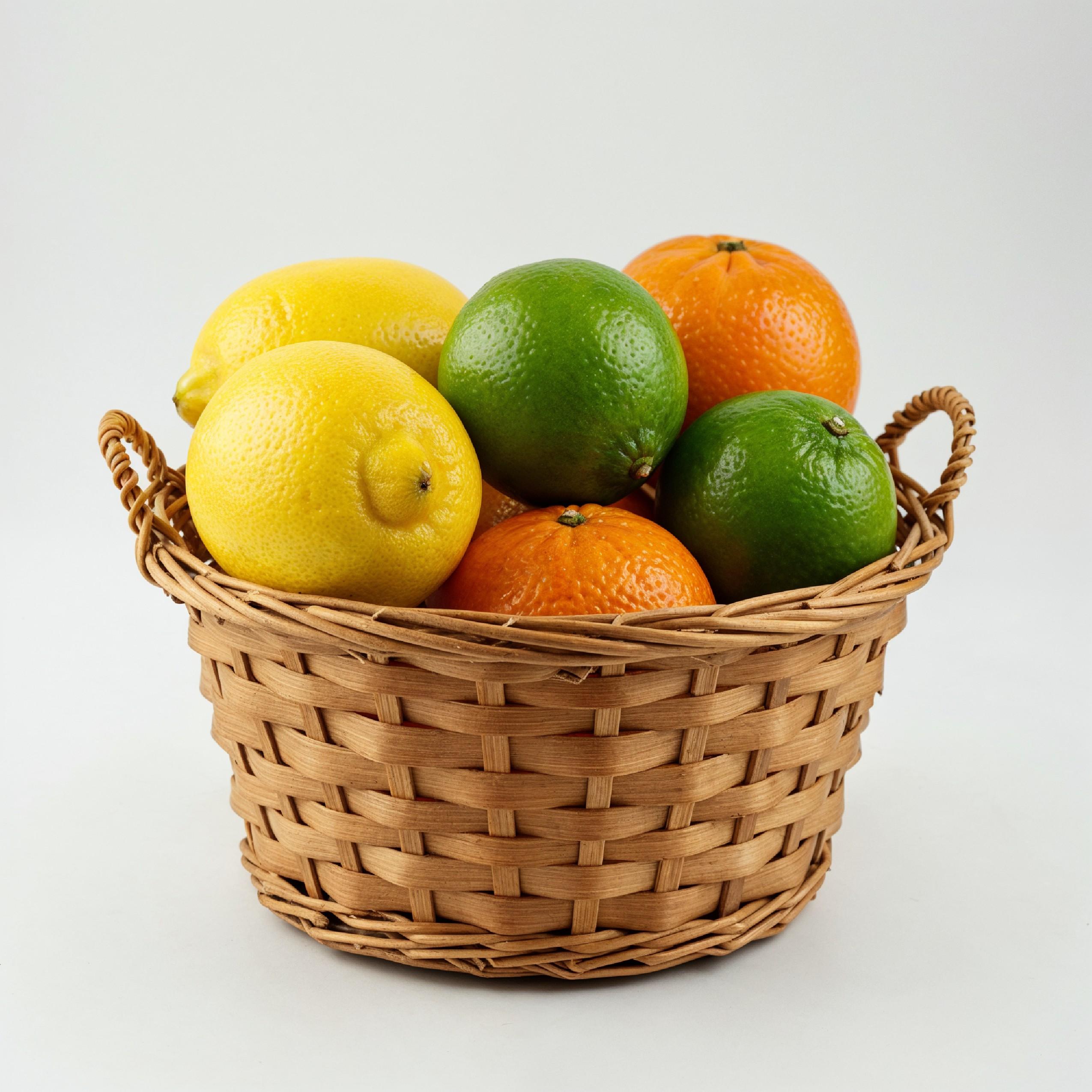 Small Wicker Basket Filled with Fresh Citrus Fruits Isolated on White Background