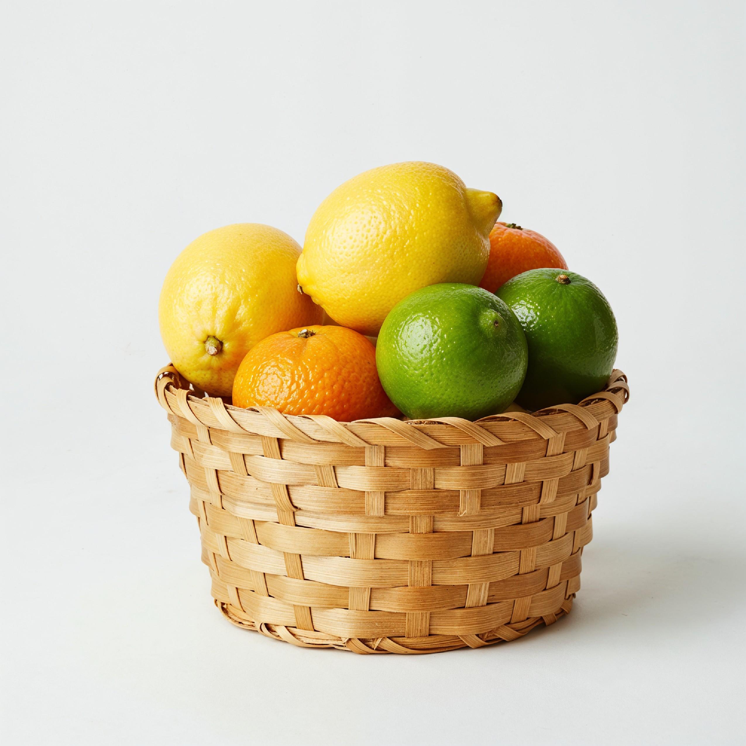 Small Wicker Basket Filled with Fresh Citrus Fruits Isolated on White Background